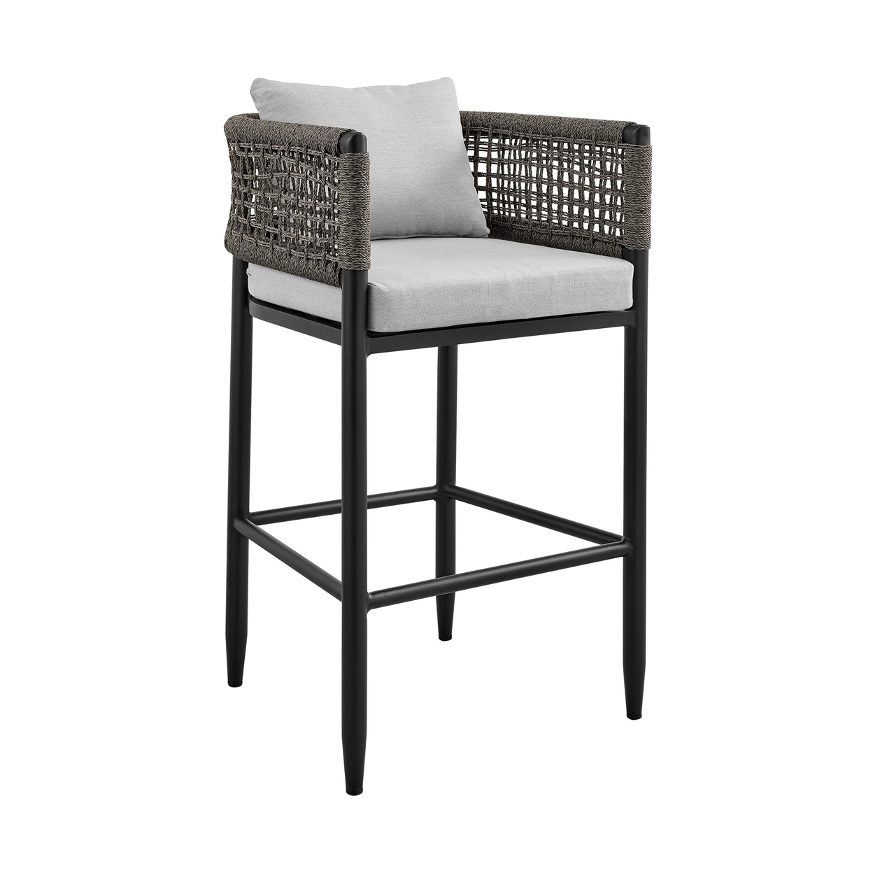 Troy 26 Inch Patio Counter Height Stool, Aluminum And Rope, Black And Gray- Saltoro Sherpi