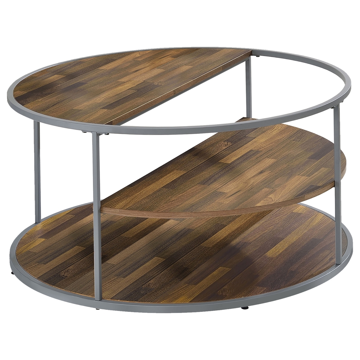 Lenn 35 Inch 3 Tier Round Brown Coffee Table, Half Shelf Design, Gray Frame- Saltoro Sherpi