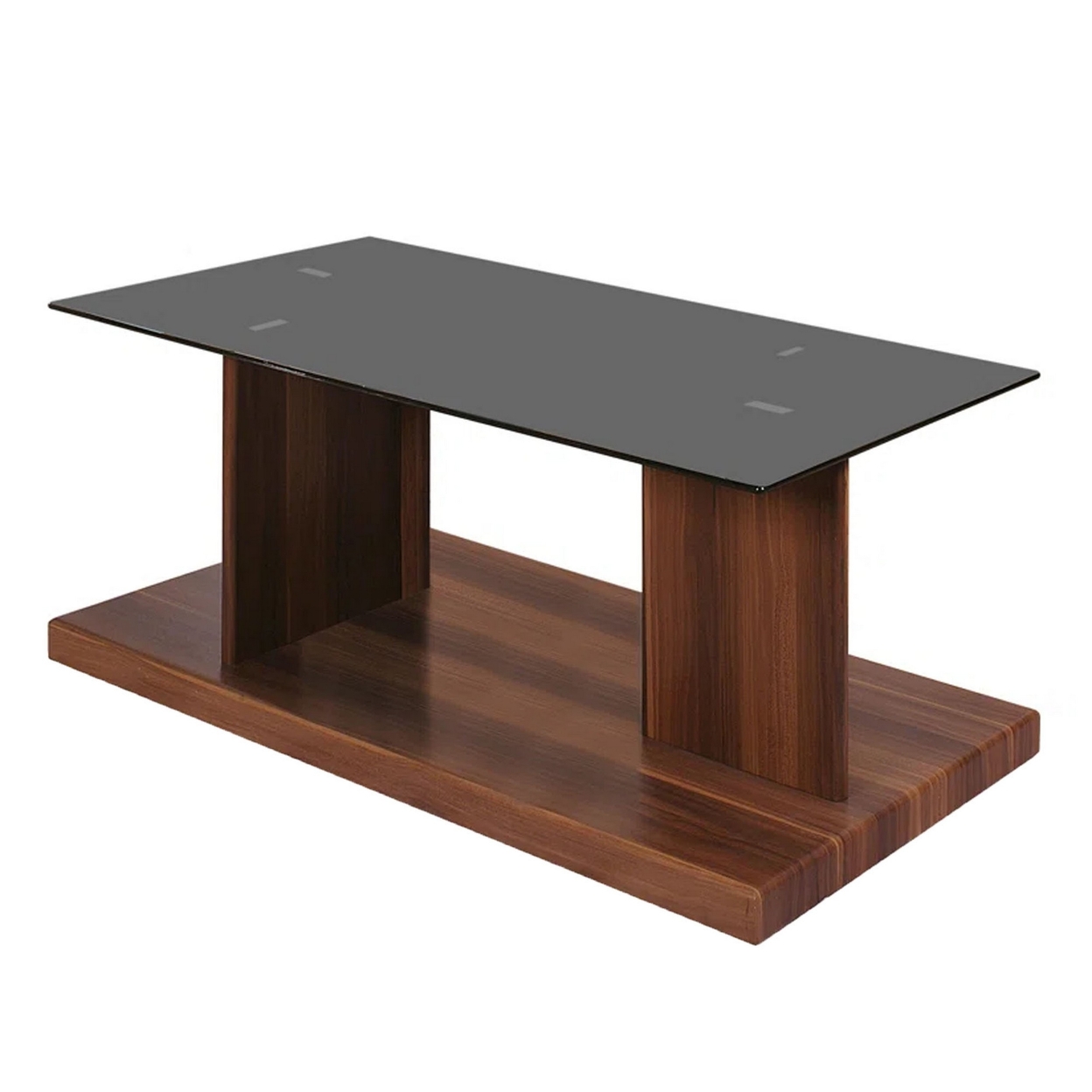 Liam 47 Inch Rectangular Coffee Table, Brown Wood, Pedestal Base, Glass Top- Saltoro Sherpi