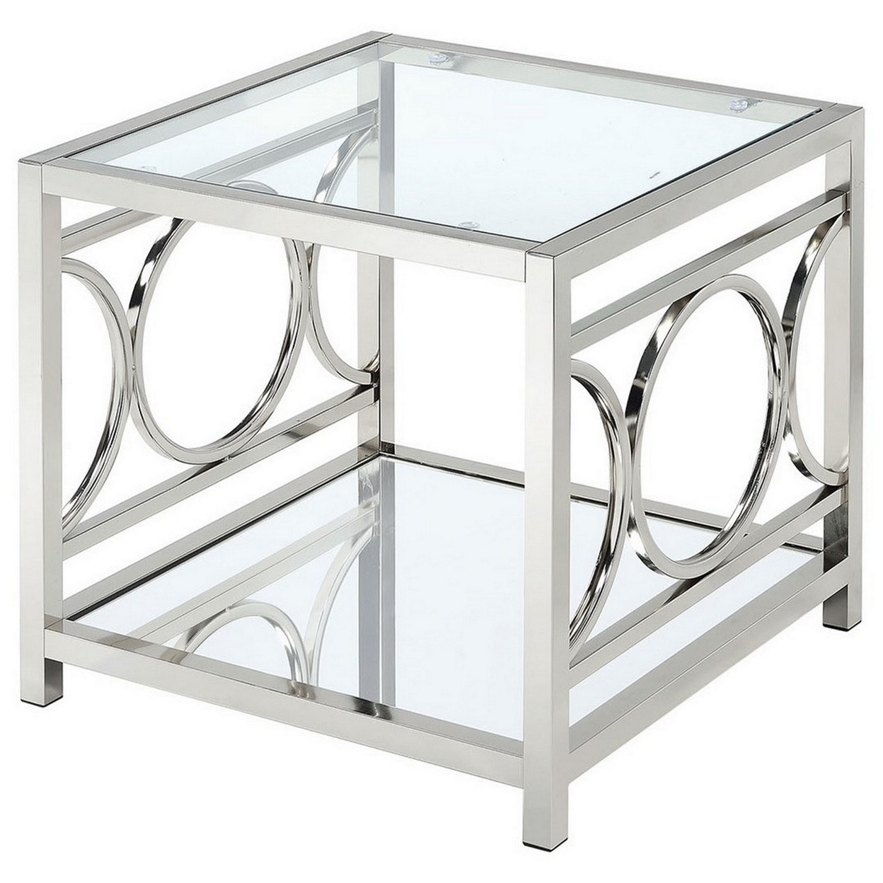 Paire 24 Inch End Table, Glass Top, Mirrored Bottom Shelf, Metal Accents- Saltoro Sherpi