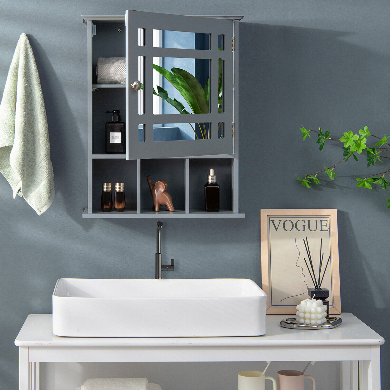 Mirrored Medicine Cabinet Bathroom Wall Mounted Storage W/Adjustable Shelf - Grey