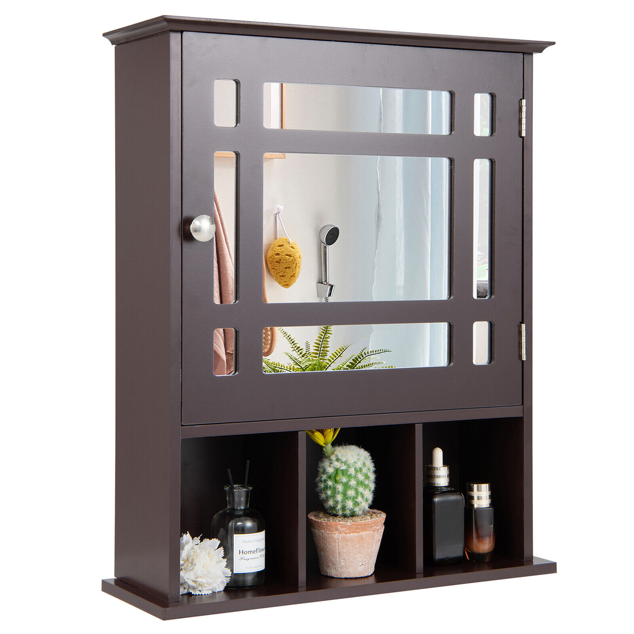 Mirrored Medicine Cabinet Bathroom Wall Mounted Storage W/Adjustable Shelf - Brown