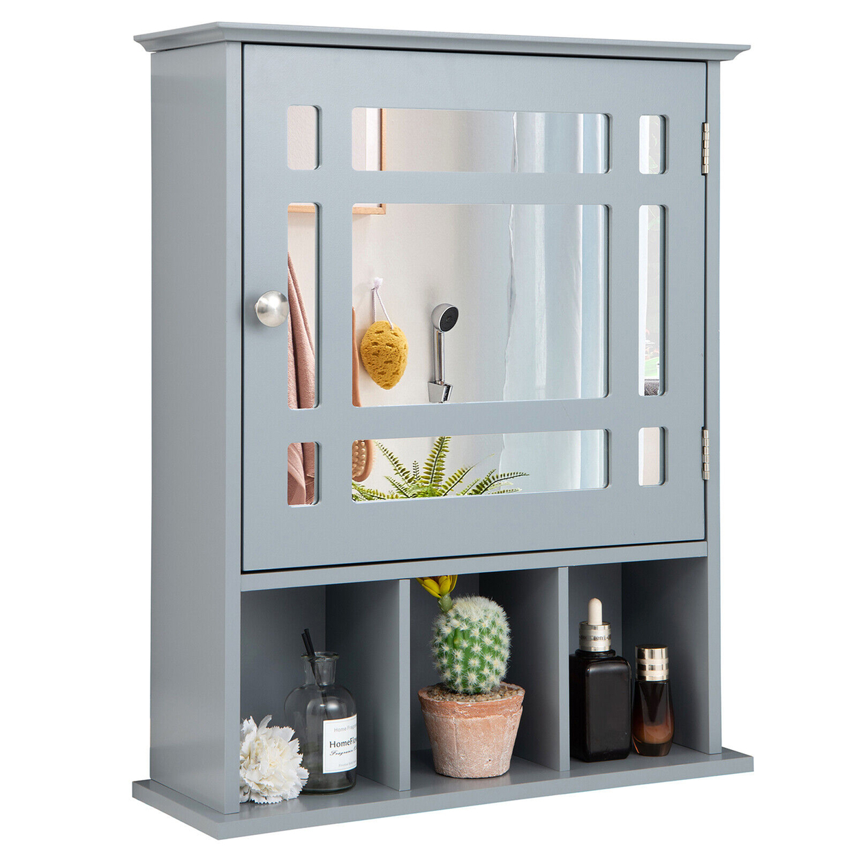 Mirrored Medicine Cabinet Bathroom Wall Mounted Storage W/Adjustable Shelf - Grey