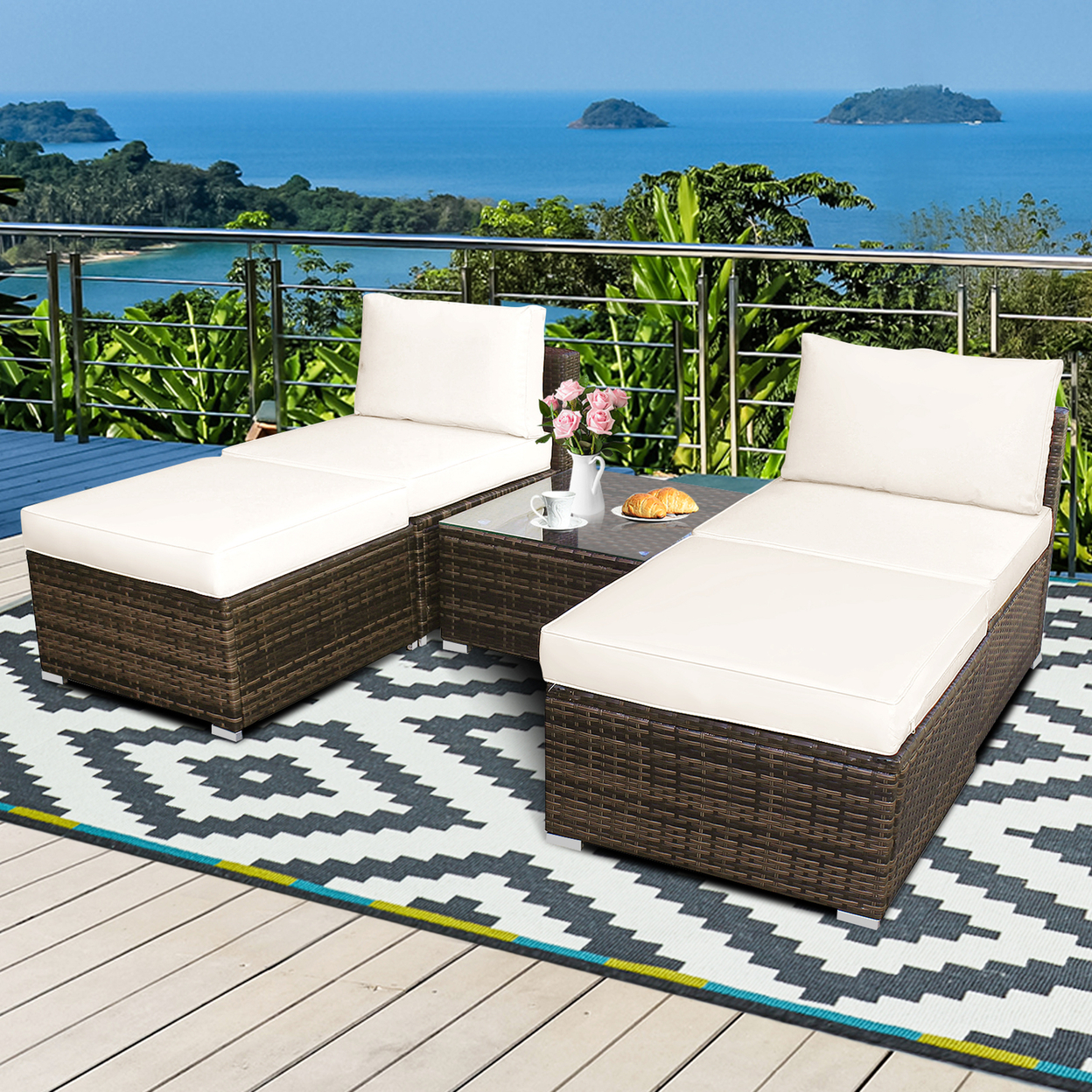 5PCS Outdoor Furniture Set Patio Rattan Armless Chair & Ottoman W/ Cushion