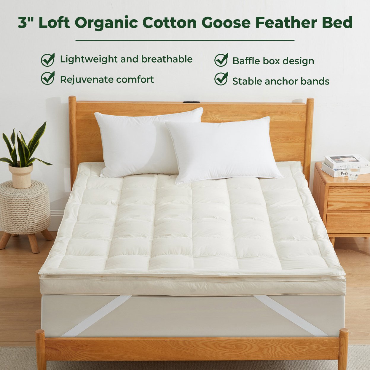 Premium White Goose Feather Mattress Topper, 3 Soft Feather Bed, 300 TC Organic Cotton Cover, Eco-friendly And Breathable - King, White