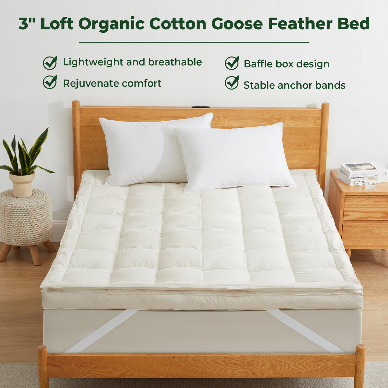 Premium White Goose Feather Mattress Topper, 3 Soft Feather Bed, 300 TC Organic Cotton Cover, Eco-friendly And Breathable - Queen, White