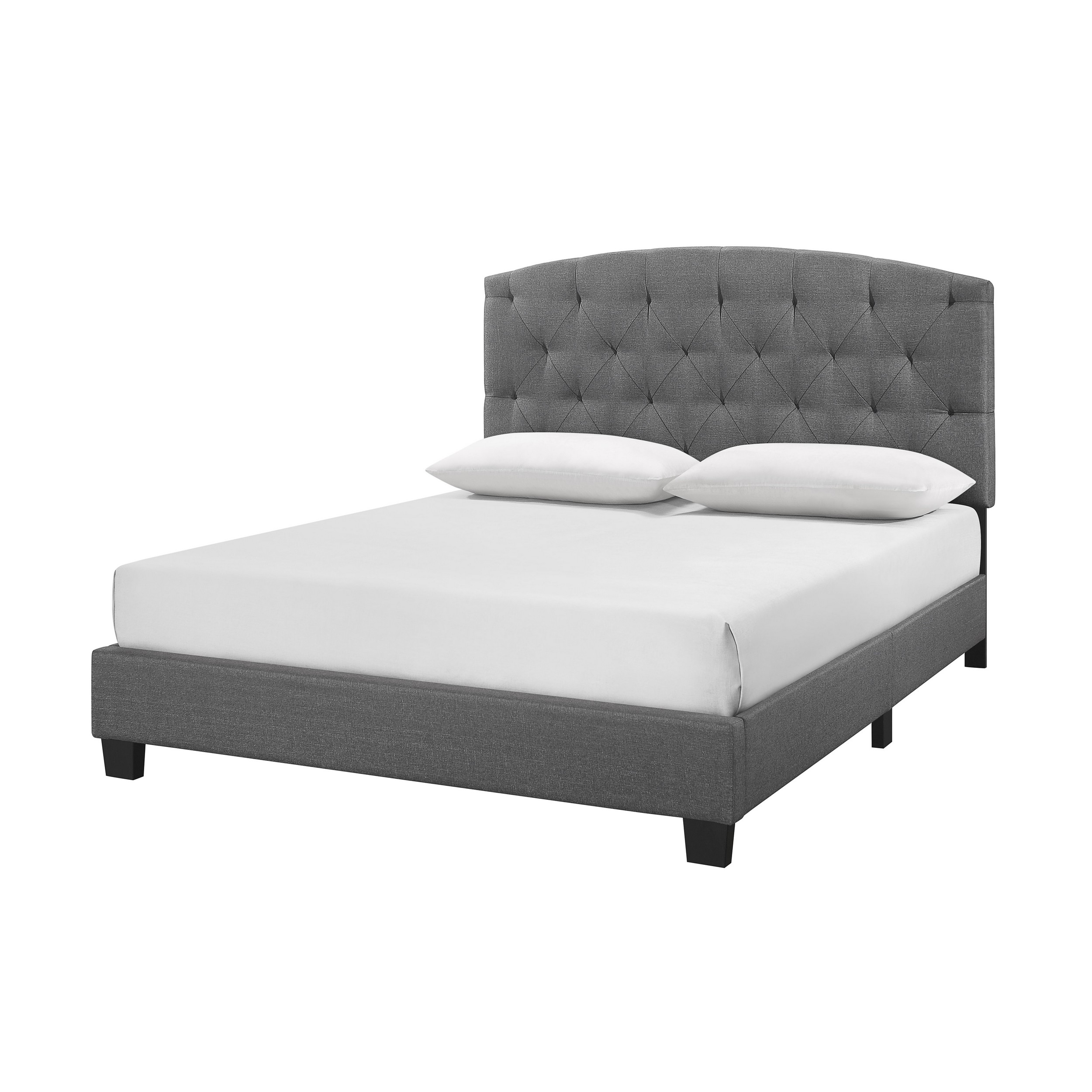 Dane Queen Size Bed, Fully Upholstered, Tufted Curved Headboard, Light Gray- Saltoro Sherpi