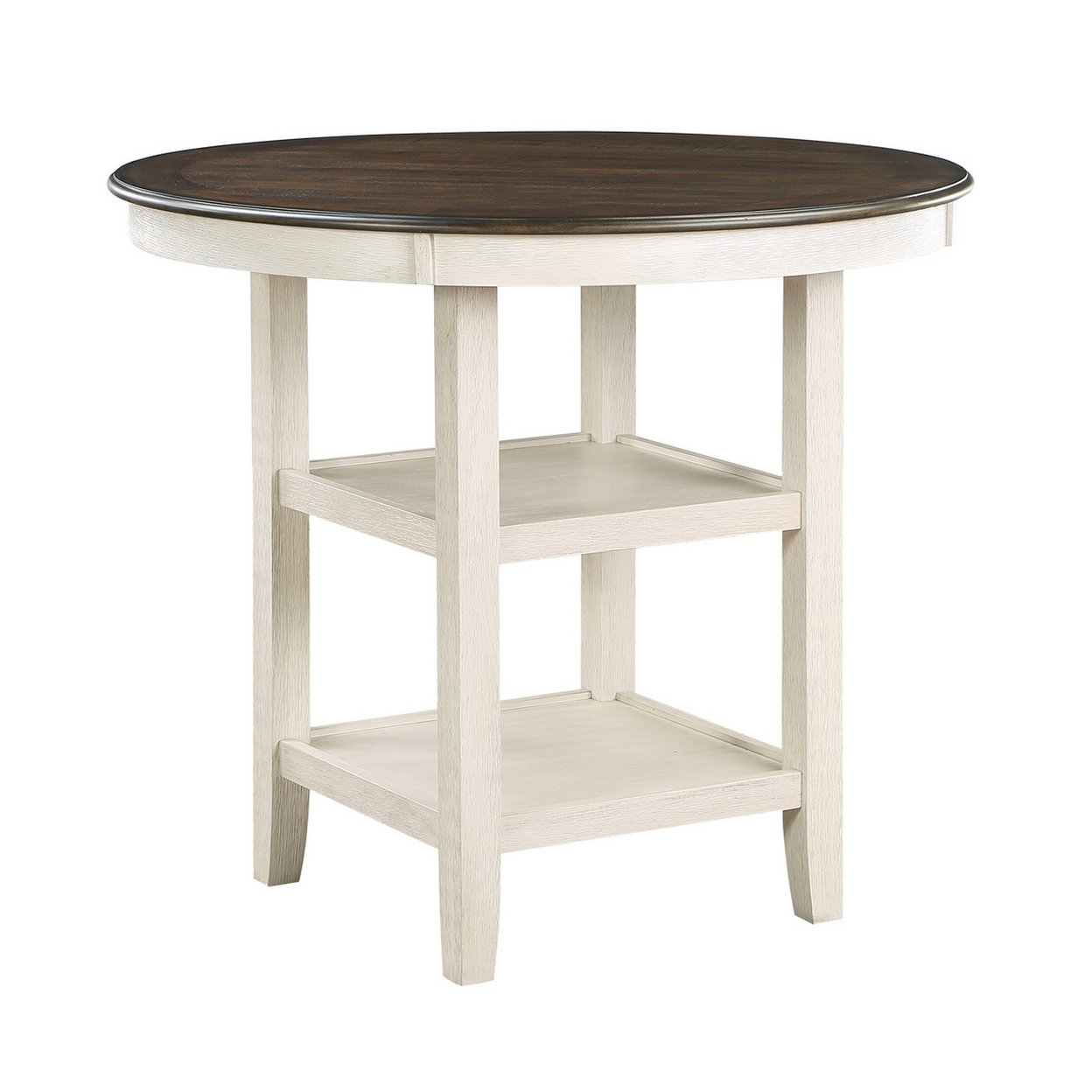 Anji 42 Inch Counter Table, Round Surface, 2 Open Shelves, Brown, White- Saltoro Sherpi