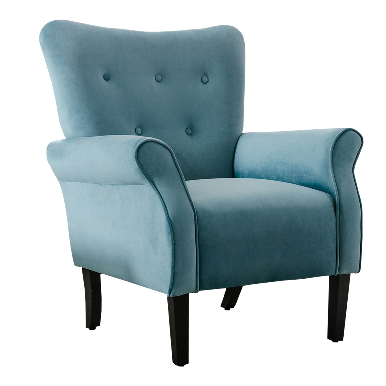 Cilic 32 Inch Accent Chair, Button Tufted Back, Rolled Arms, Blue Fabric- Saltoro Sherpi