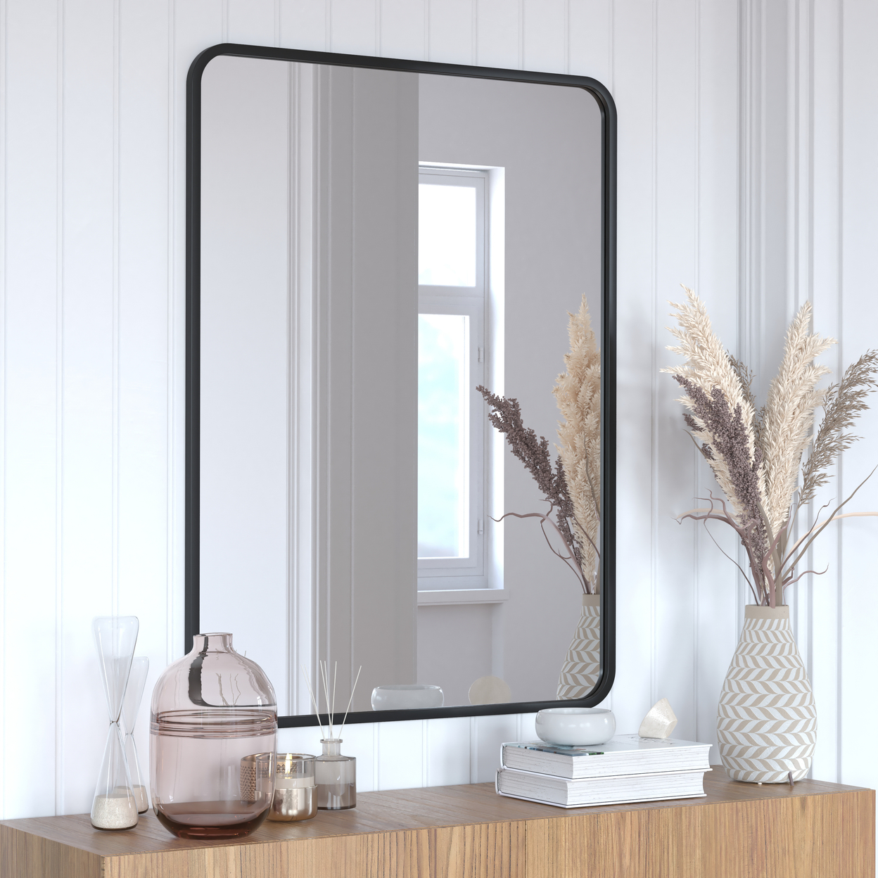Jada 40 X 30 Decorative Wall Mirror - Rounded Corners, Bathroom & Living Room Glass Mirror Hangs Horizontal Or Vertical, Matte Black