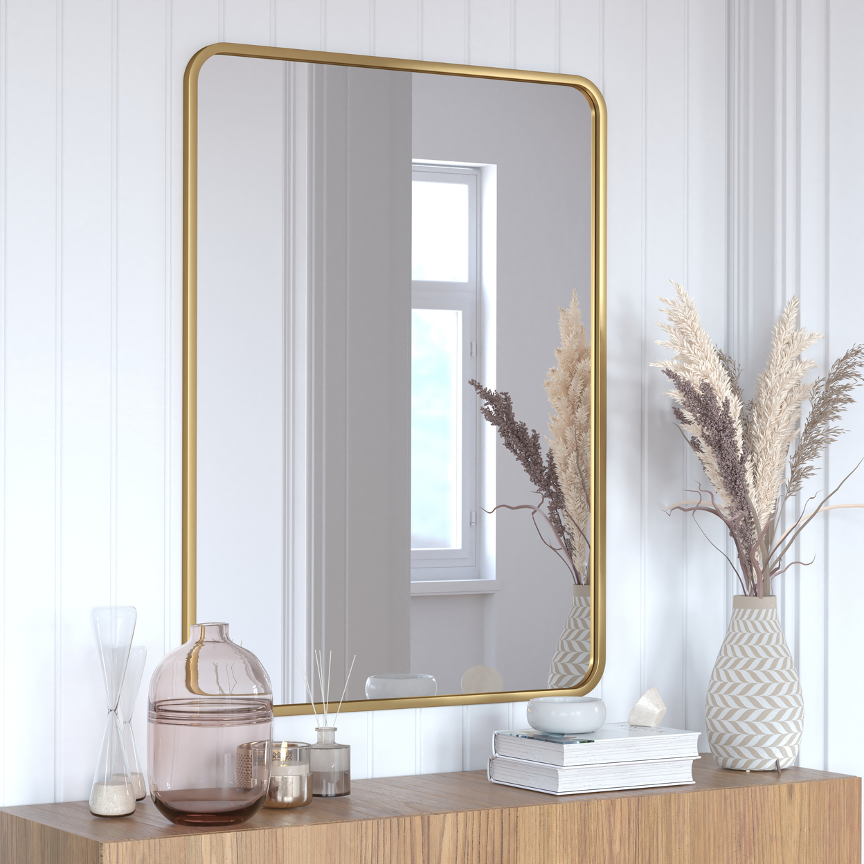 Jada 40 X 30 Decorative Wall Mirror - Rounded Corners, Bathroom & Living Room Glass Mirror Hangs Horizontal Or Vertical, Matte Gold