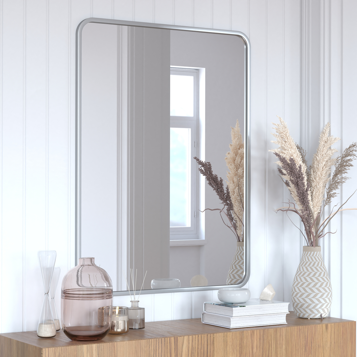 Jada 40 X 30 Decorative Wall Mirror - Rounded Corners, Bathroom & Living Room Glass Mirror Hangs Horizontal Or Vertical, Matte Silver