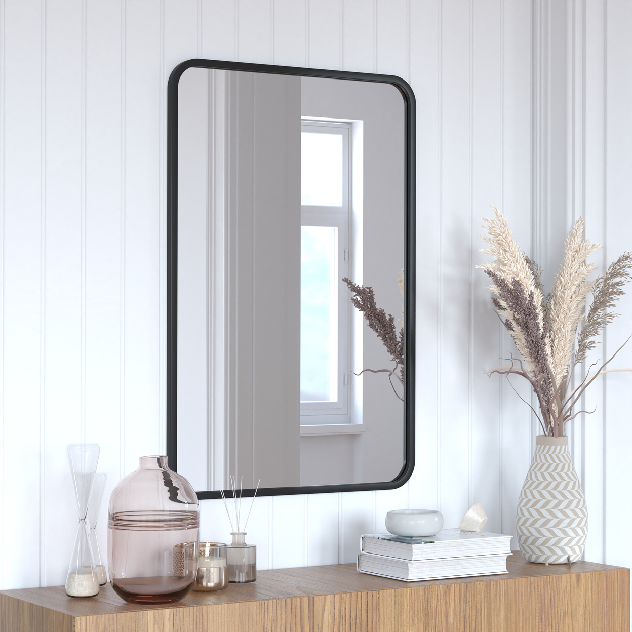 Jada 24 X 36 Decorative Wall Mirror - Rounded Corners, Bathroom & Living Room Glass Mirror Hangs Horizontal Or Vertical, Matte Black