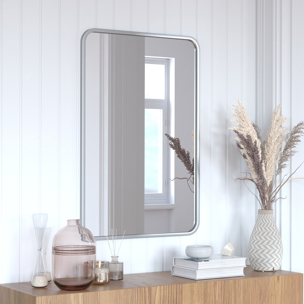 Jada 24 X 36 Decorative Wall Mirror - Rounded Corners, Bathroom & Living Room Glass Mirror Hangs Horizontal Or Vertical, Matte Silver