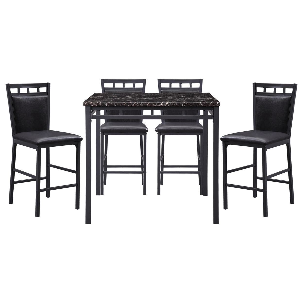 5 Piece Counter Height Table And Chair Set, Black Metal, Brown Faux Leather- Saltoro Sherpi