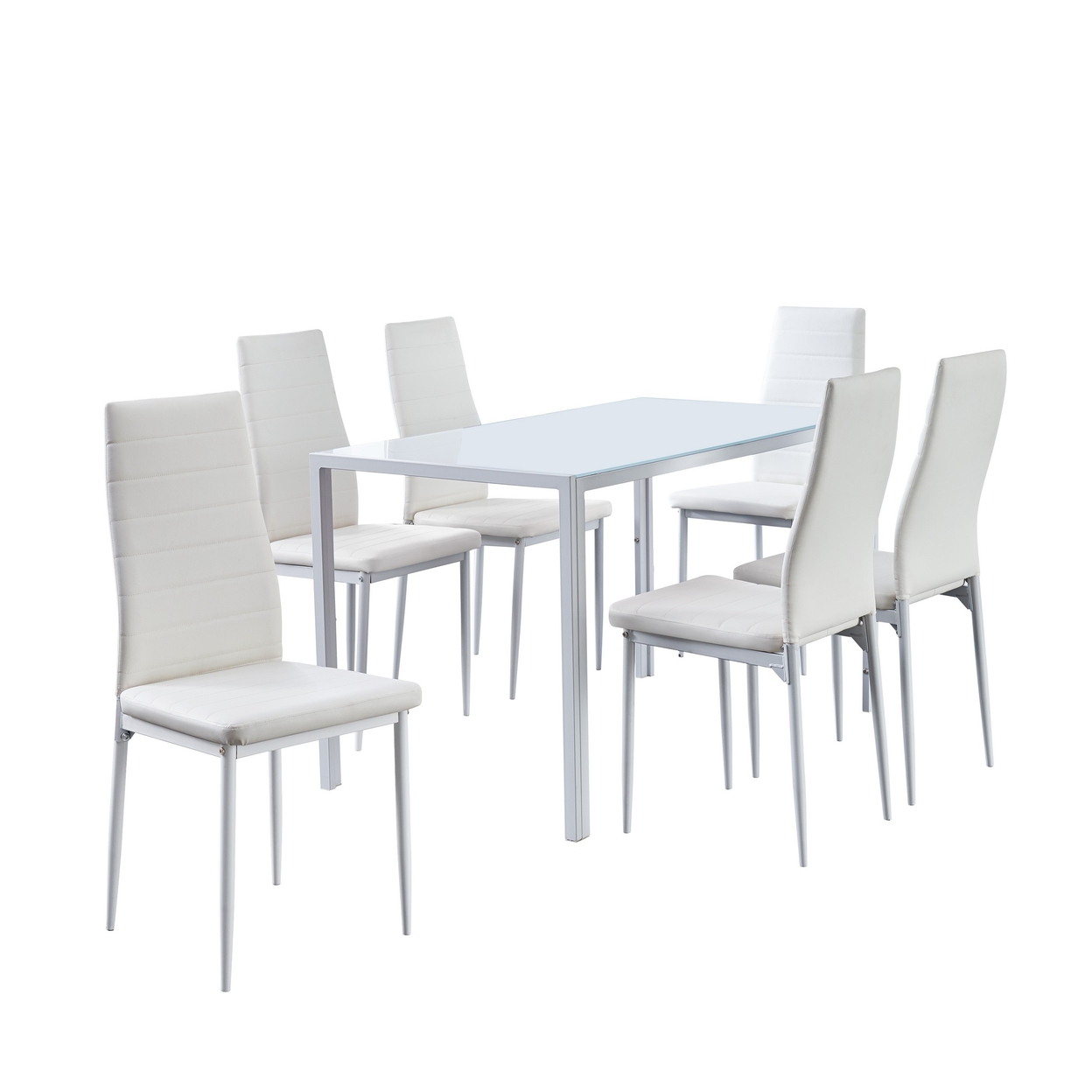 Ned 7 Piece Dining Set, White Faux Leather Tall Back Chairs, Metal Table- Saltoro Sherpi