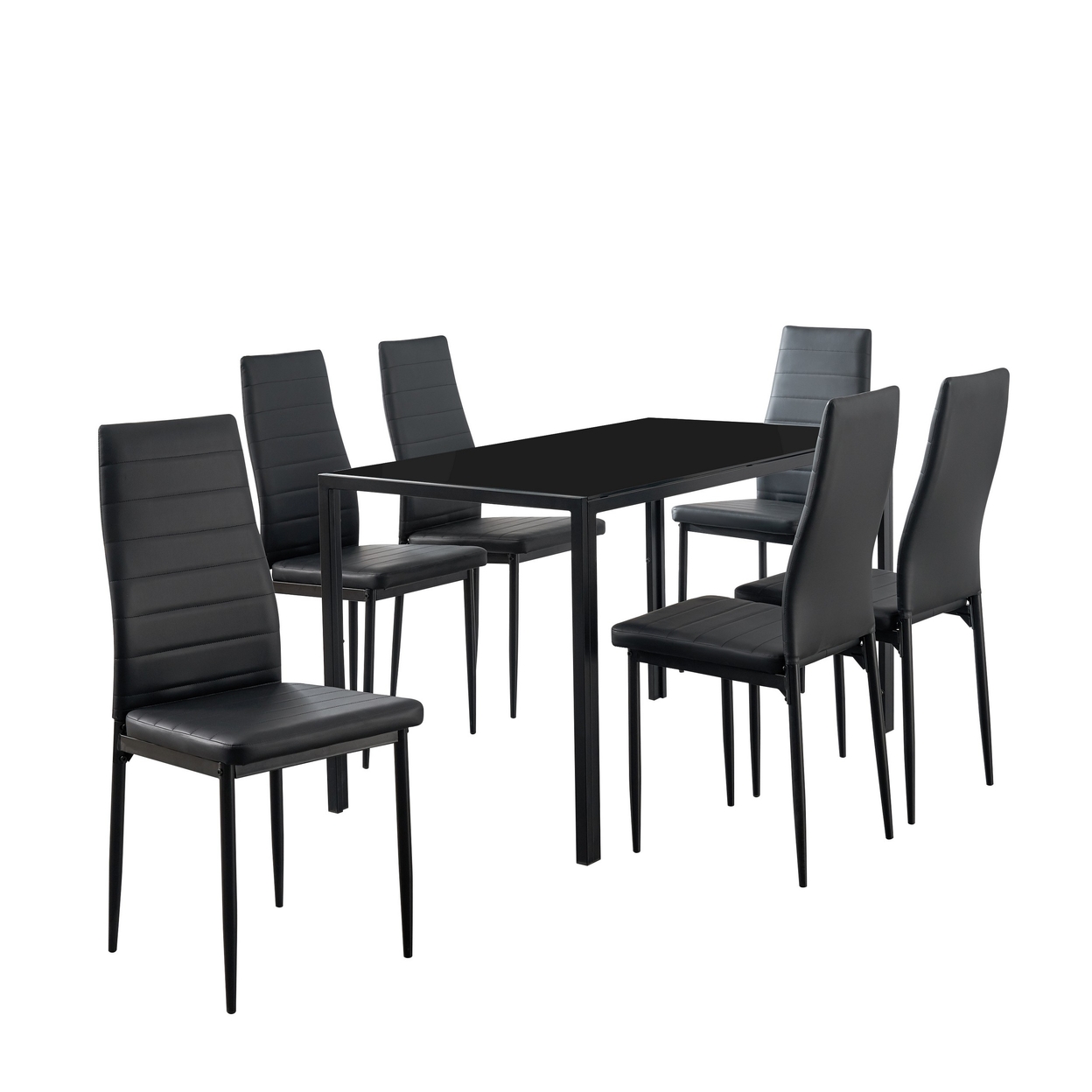 Ned 7 Piece Dining Set, Black Faux Leather Tall Back Chairs, Metal Table- Saltoro Sherpi