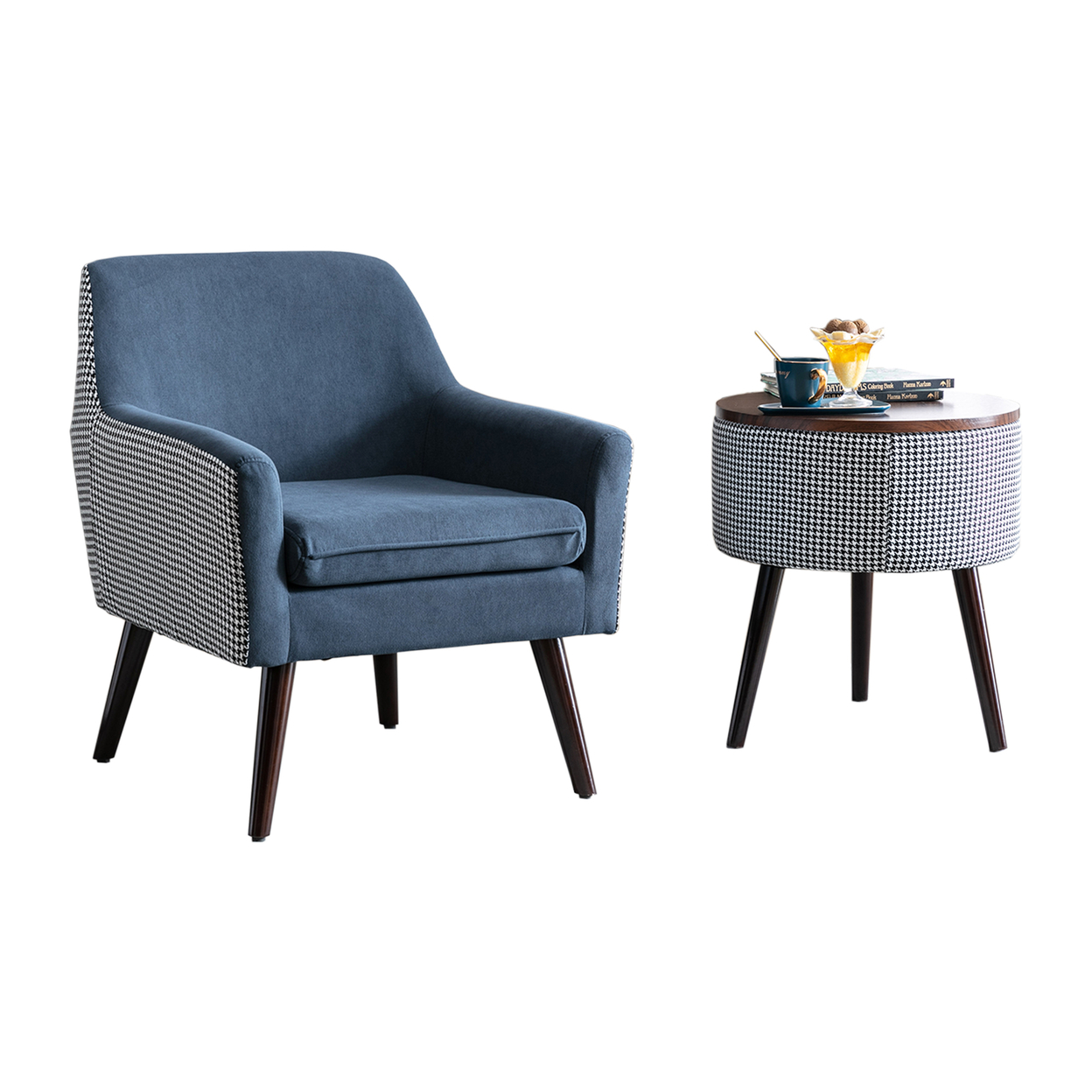 2 Piece Accent Chair And Side Storage Table Set, Splayed Legs, Deep Blue- Saltoro Sherpi