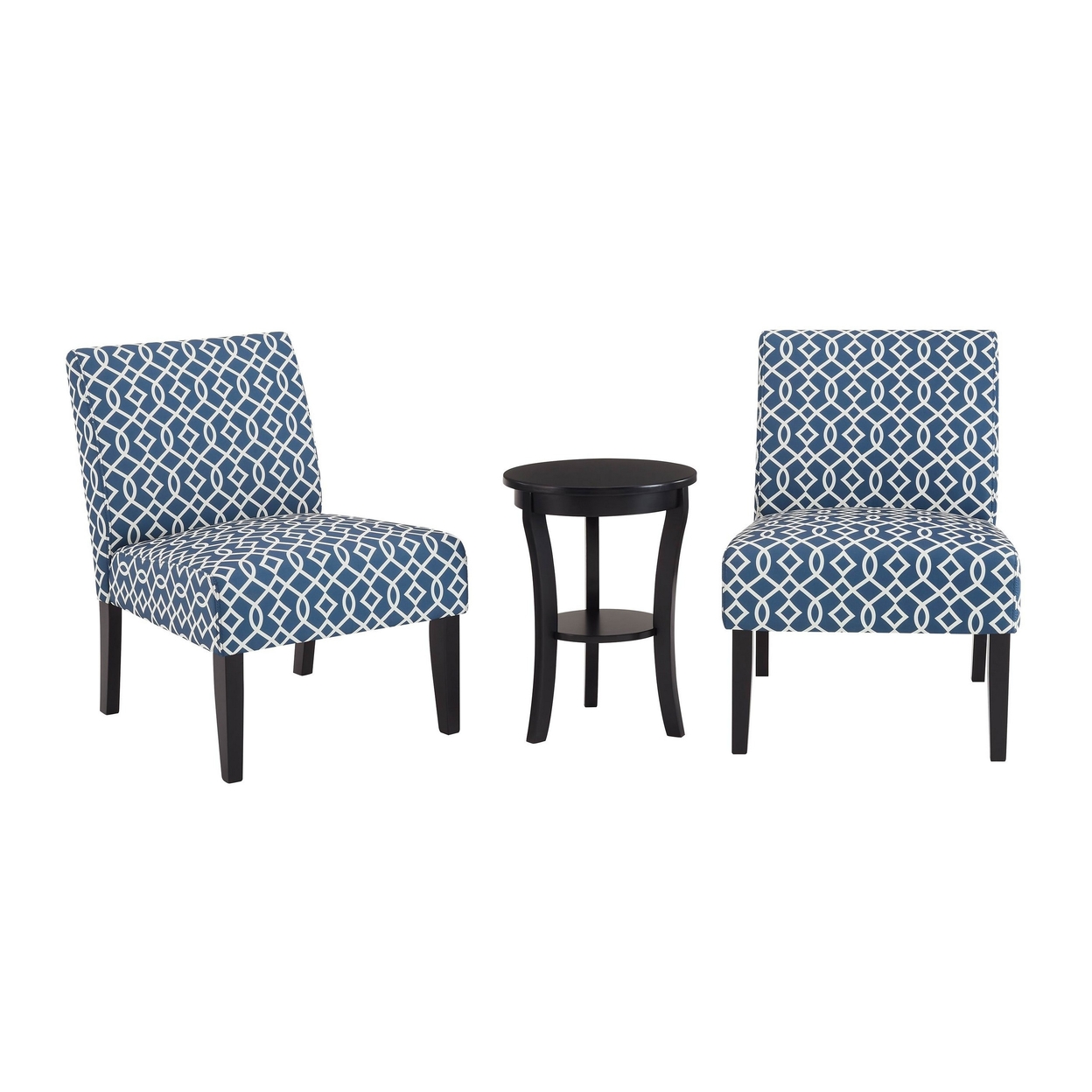 Remi 3 Piece Seating Set, 2 Chairs, Trellis Print, Blue Fabric Upholstery- Saltoro Sherpi
