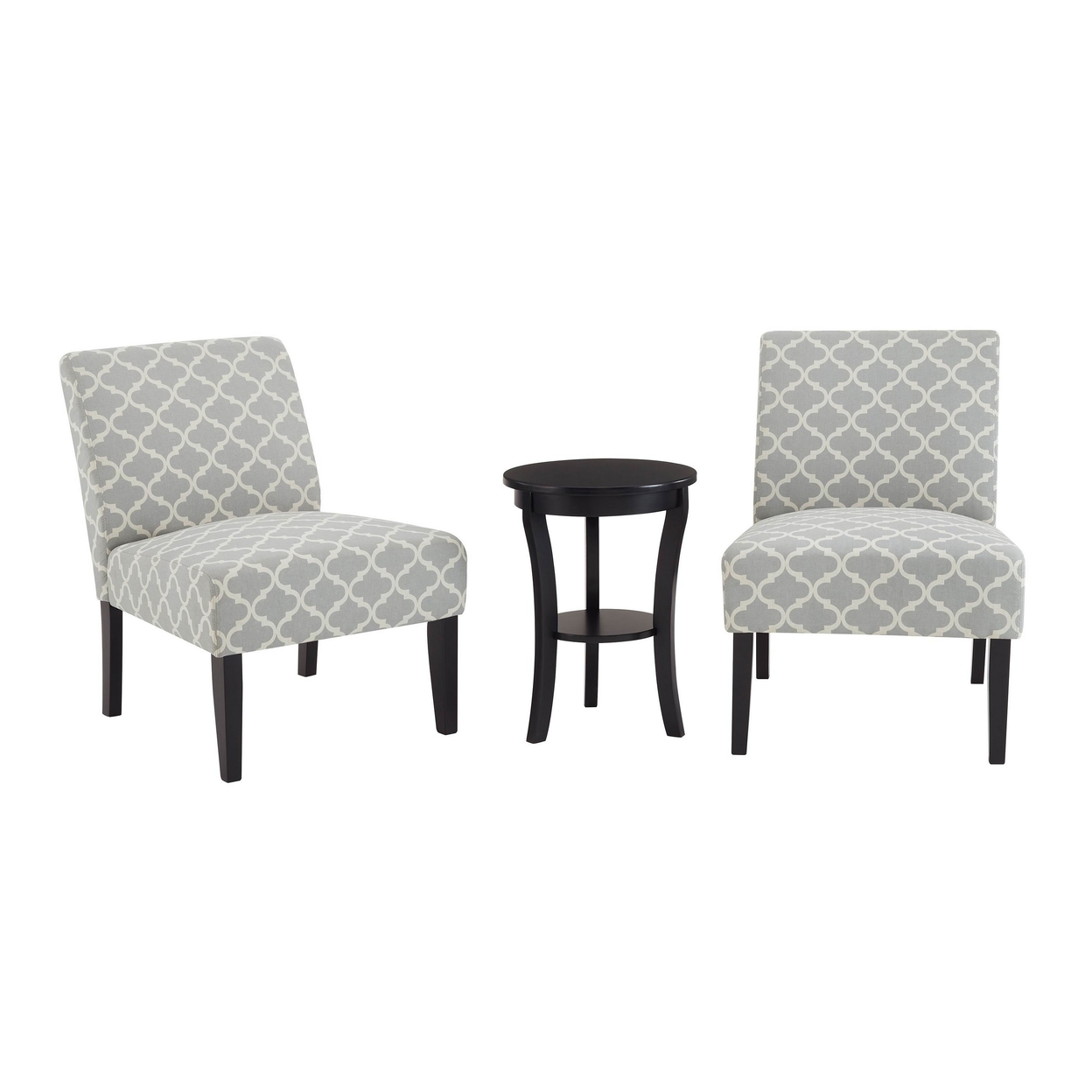 Remi 3 Piece Seating Set, 2 Chairs, Trellis Print, Gray Fabric Upholstery- Saltoro Sherpi
