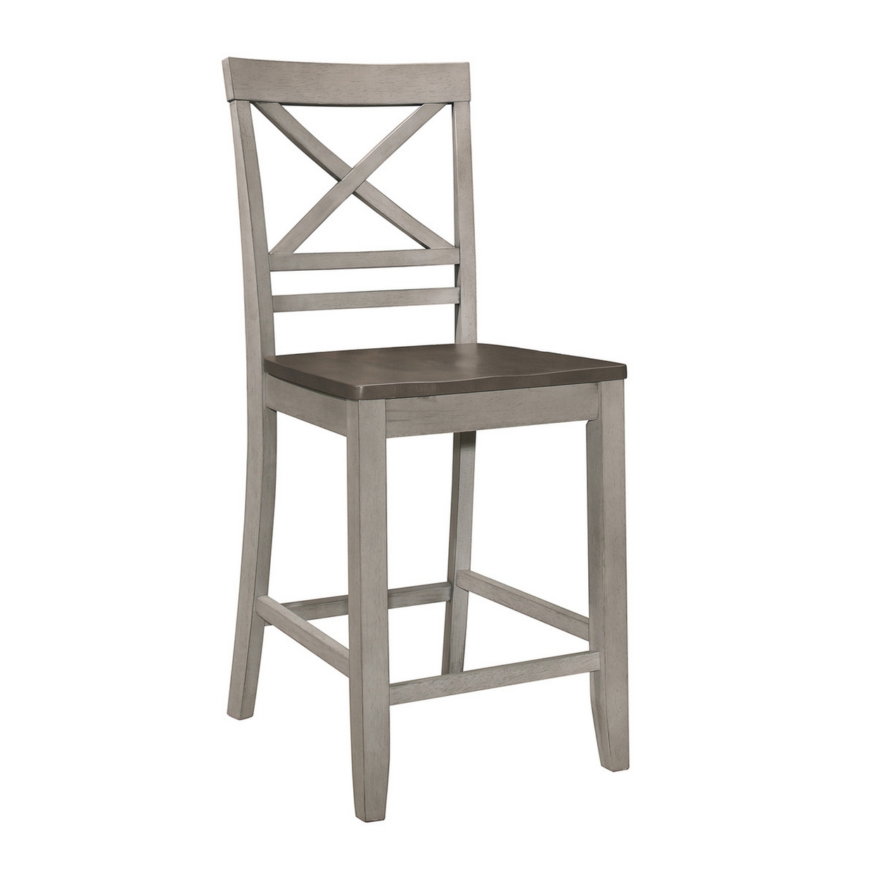 Brian 23 Inch Counter Chair, Crossbuck Backrest, Rustic Gray Wood, Brown- Saltoro Sherpi