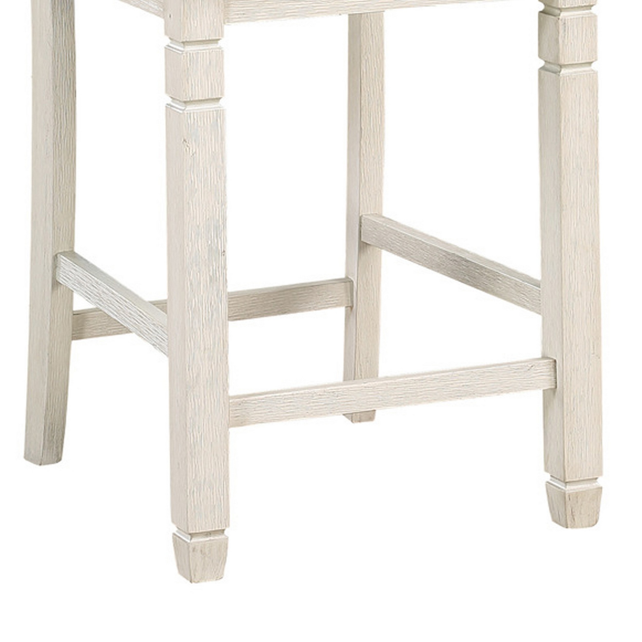 Anji 26 Inch Counter Chair, Crisp White Wood Frame, Piped Stitching, Beige- Saltoro Sherpi