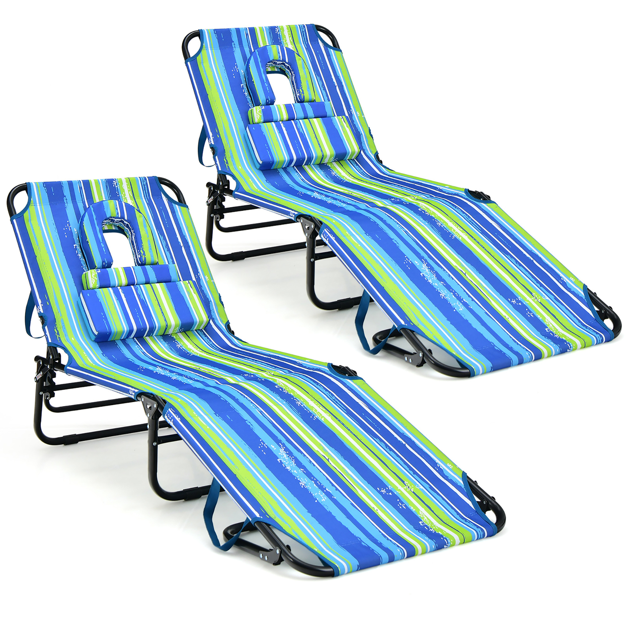 2PCS 5-Position Lounge Chair Adjustable Beach Chaise W/ Face Cavity & Pillows - Blue,Green,Black