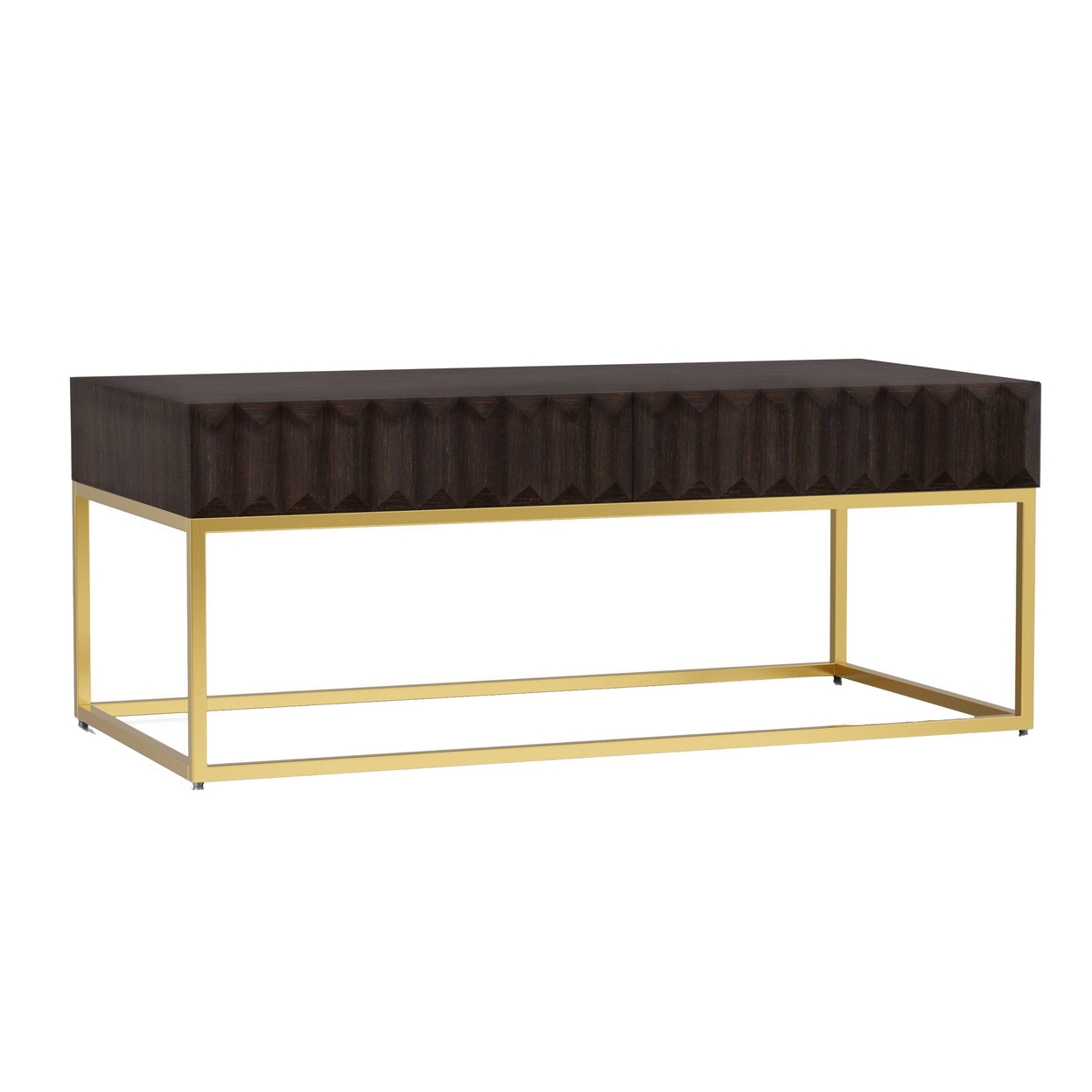 Bran 48 Inch Rectangular Coffee Table, Brown Wood, Gold Base, 2 Drawers- Saltoro Sherpi