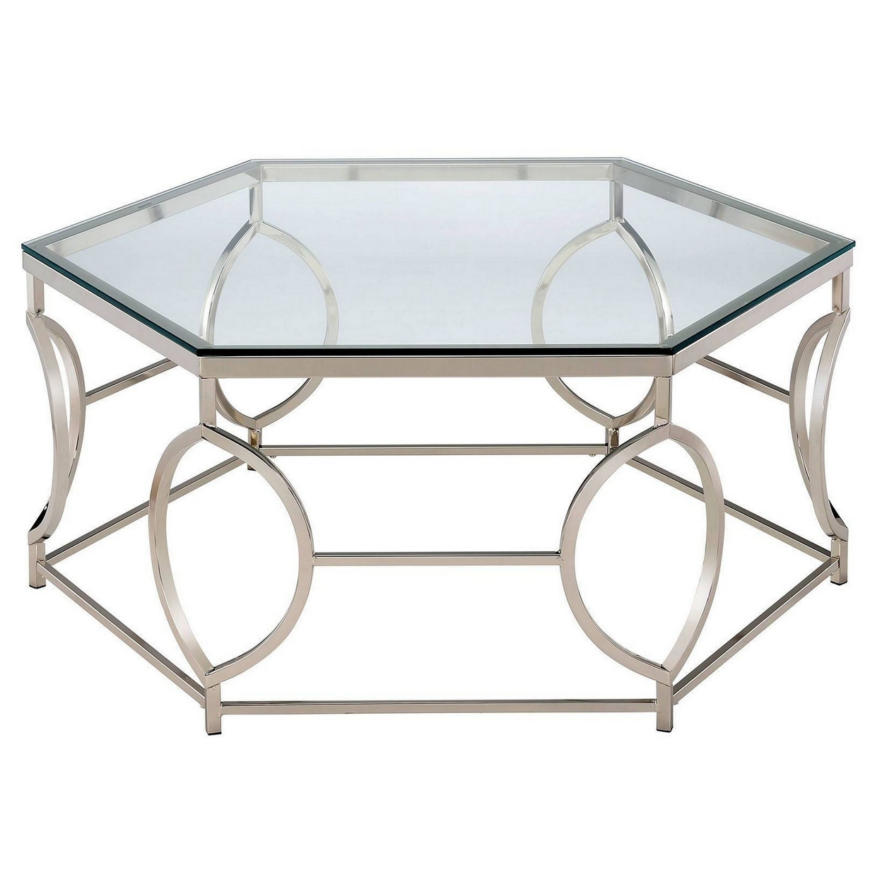 Slade 40 Inch Coffee Table, Hexagonal Glass Top, Geometric Base, Chrome- Saltoro Sherpi