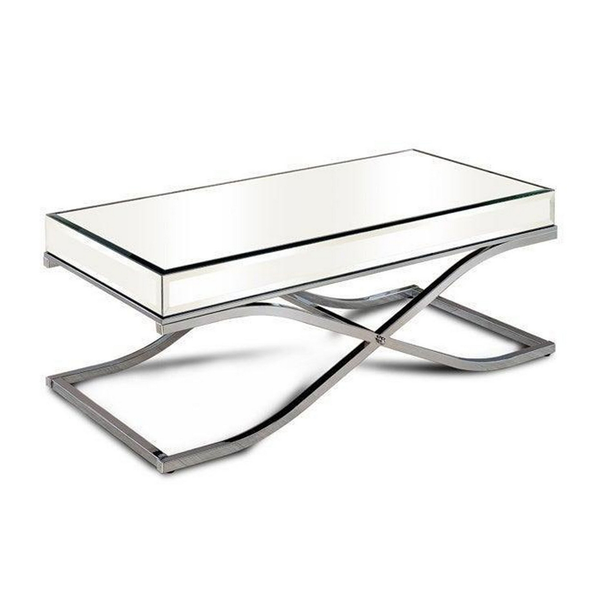 Gavin 48 Inch Coffee Table, Mirrored Panels, Curved Crossed Frame, Chrome- Saltoro Sherpi