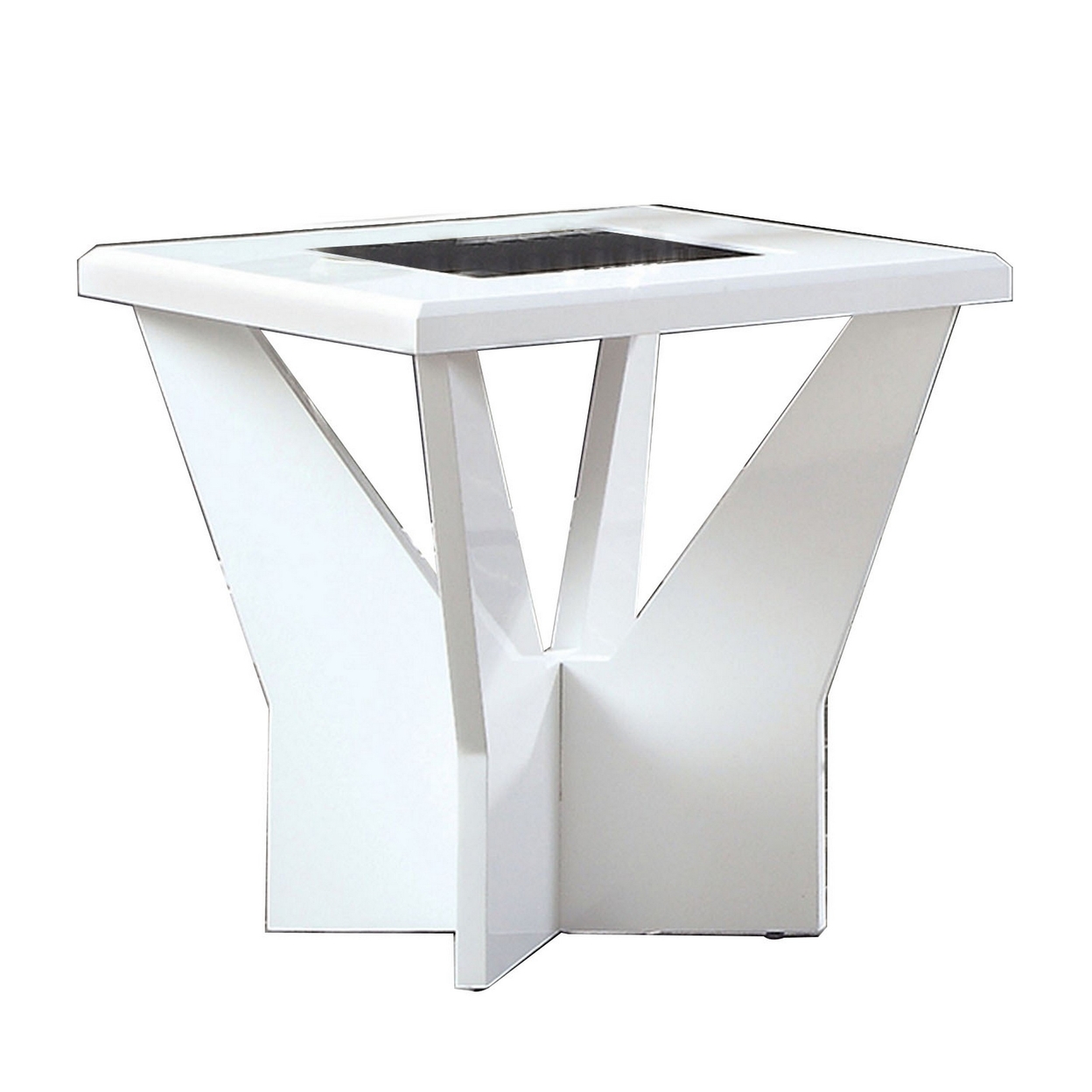 Pera 24 Inch Modern Side End Table, Black Glass Insert, Geometric, White- Saltoro Sherpi