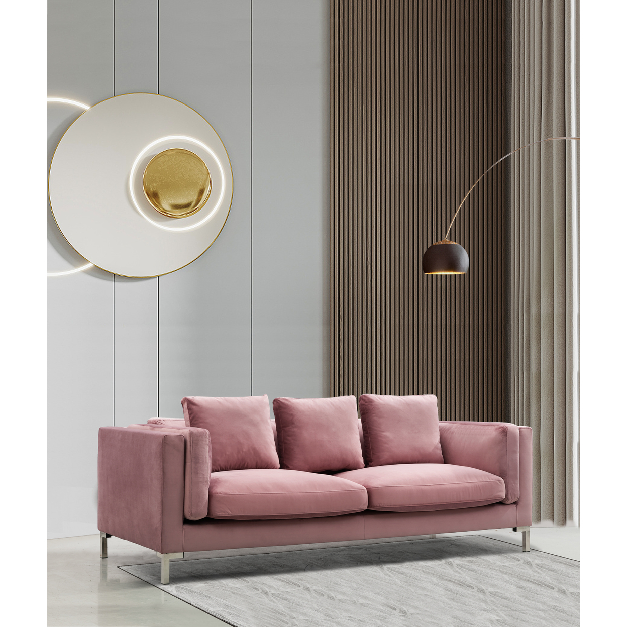 Iconic Home Everlie Sofa Velvet Upholstered Multi-Cushion Seat Loose Back Shelter Arm Design Silver Tone Metal Y-Legs - Blush