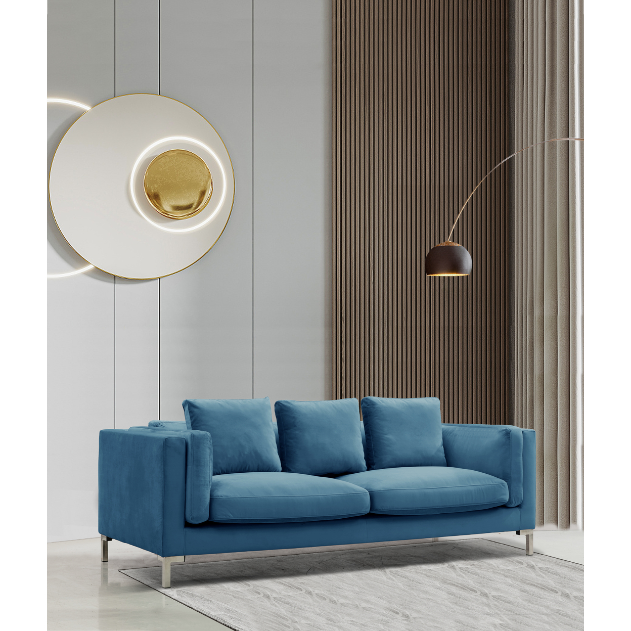 Iconic Home Everlie Sofa Velvet Upholstered Multi-Cushion Seat Loose Back Shelter Arm Design Silver Tone Metal Y-Legs - Blue