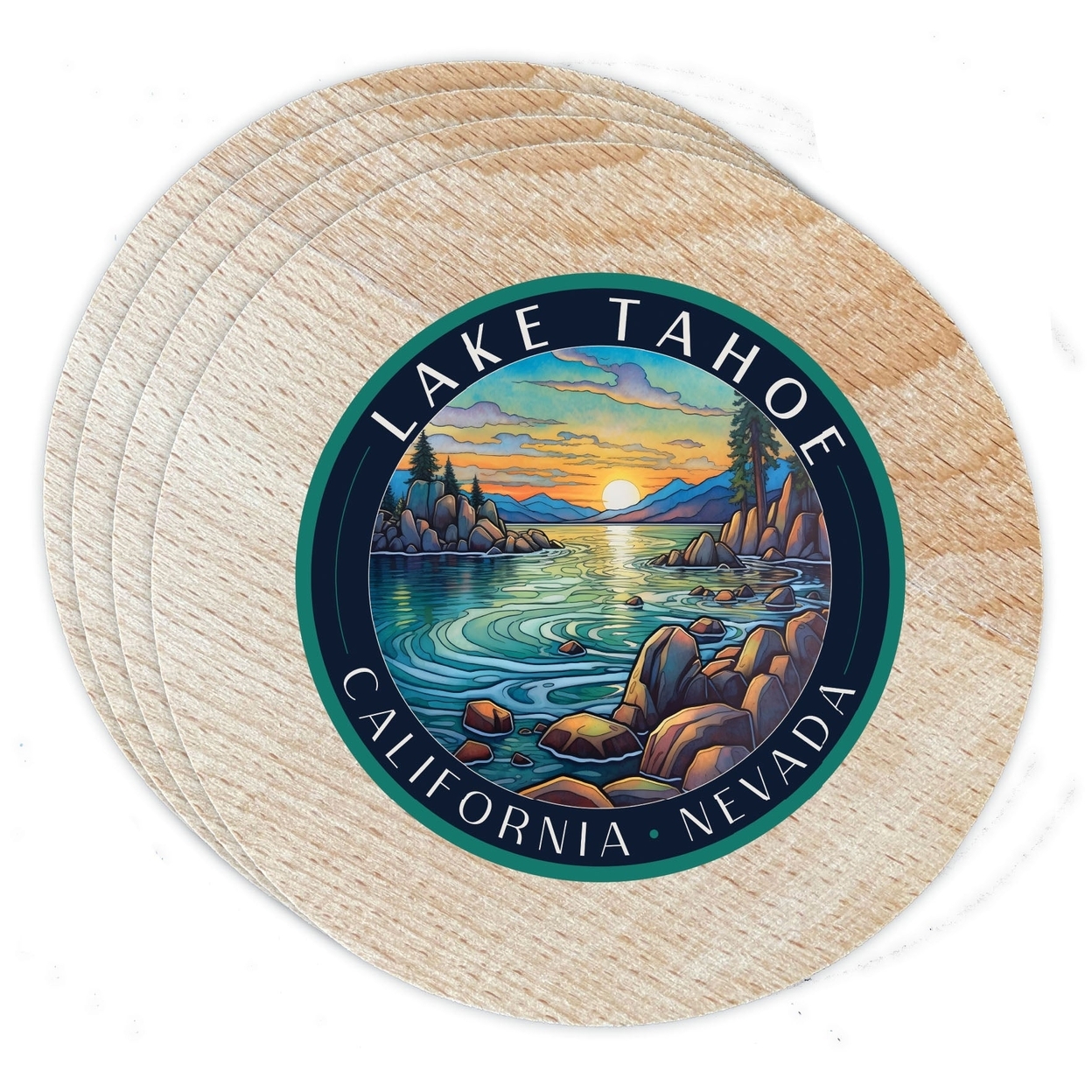 Lake Tahoe California Design C Souvenir Coaster Wooden 3.5 X 3.5-Inch 4 Pack