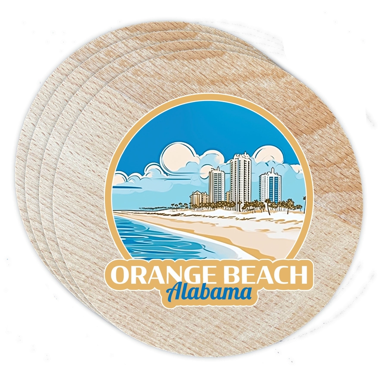 Orange Beach Alabama Design A Souvenir Coaster Wooden 3.5 X 3.5-Inch 4 Pack