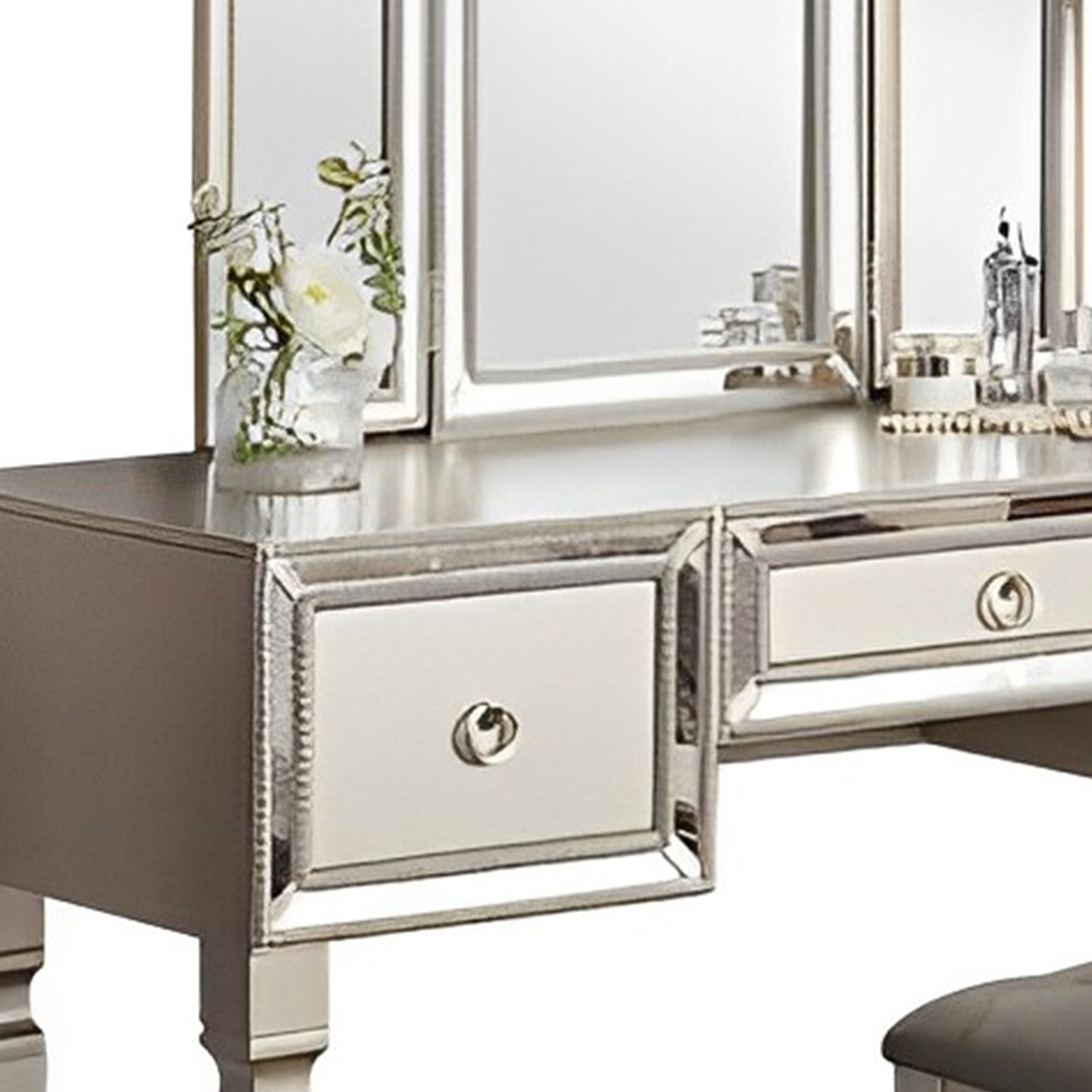 Thuy 60 Inch Vanity Desk Set, Upholstered Stool, Trifold Mirror, Silver