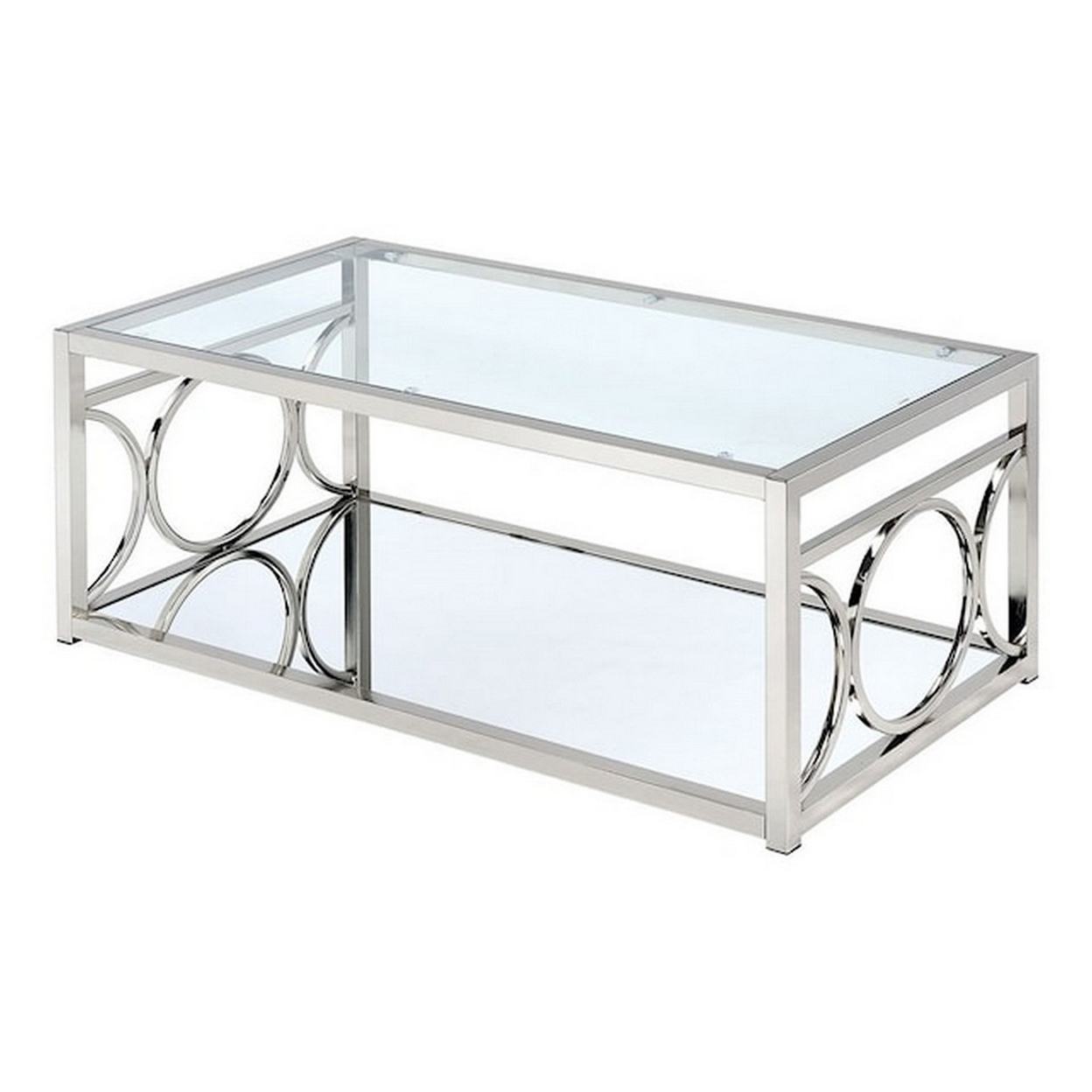 Paire 47 Inch Coffee Table, Glass Top, Mirrored Bottom Shelf, Metal Accents- Saltoro Sherpi