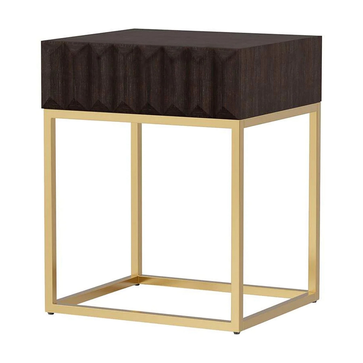 Bran 24 Inch Modern Side End Table, Brown Wood, Gold Steel Base, 1 Drawer- Saltoro Sherpi