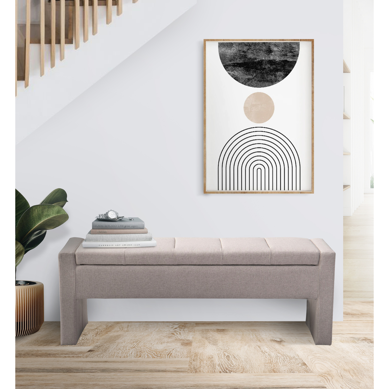 Iconic Home Kobi Storage Bench Linen Textured Upholstery Minimalist Design With Discrete Interior Compartment, Modern Contemporary - Beige