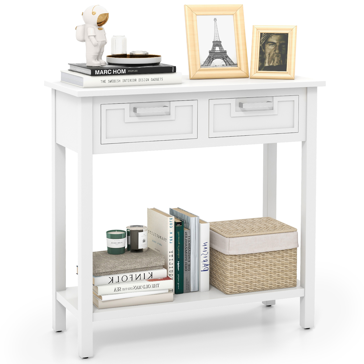 Narrow Console Table With Drawers Retro Accent Sofa Table W/ Open Storage White