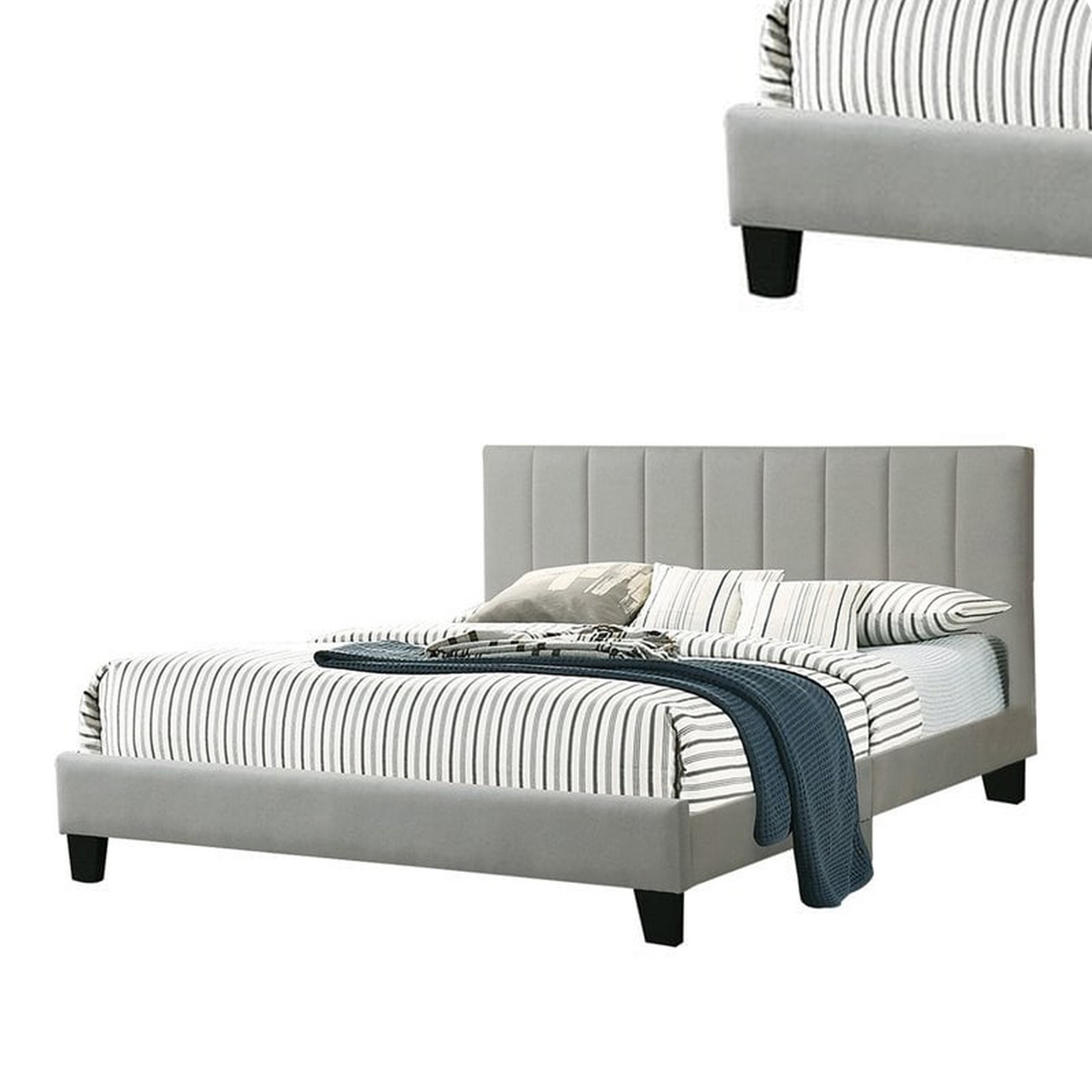 Eve Platform Full Size Bed, Vertical Channel Tufted Light Gray Upholstery- Saltoro Sherpi