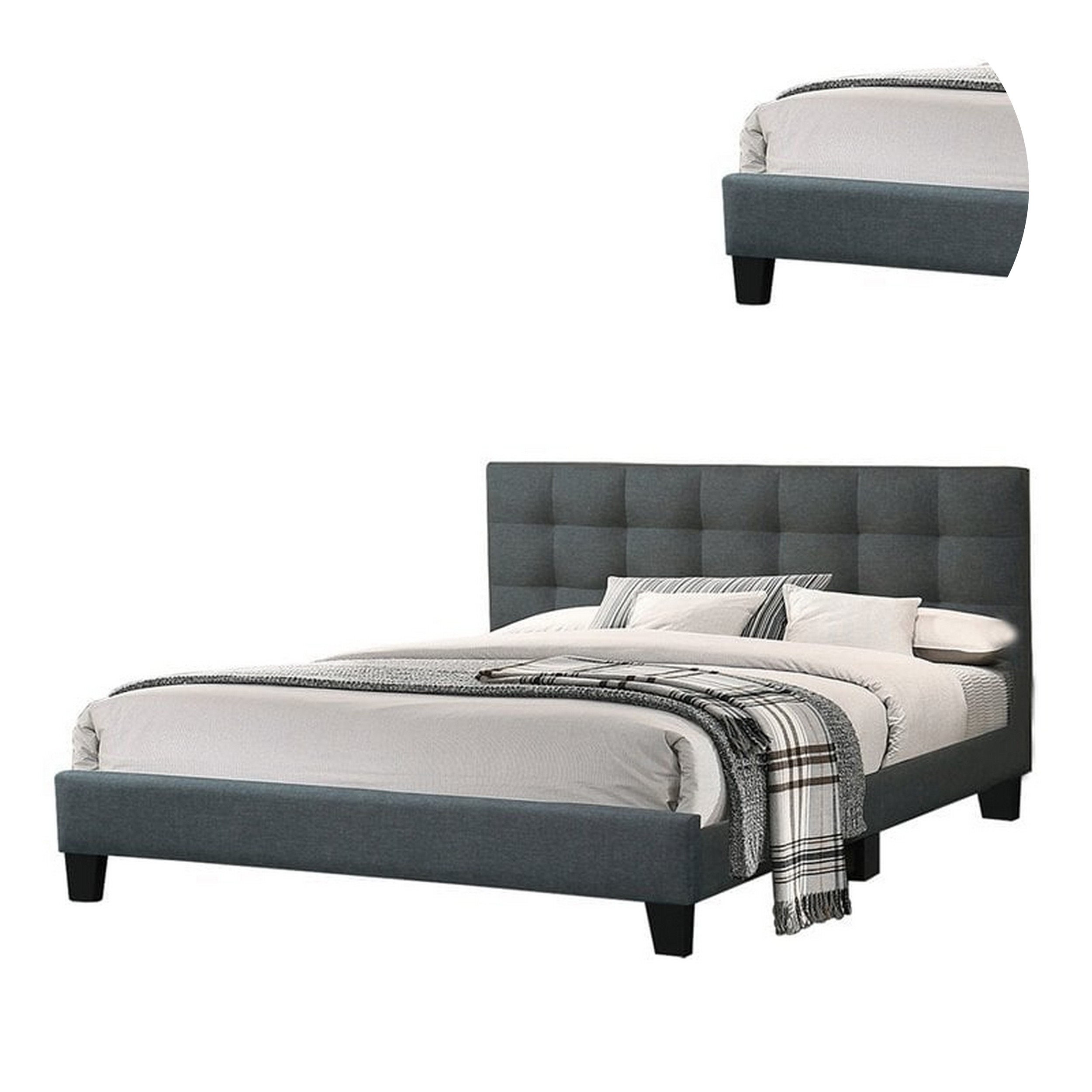 Dex Modern Platform Queen Size Bed, Plush Tufted Upholstery, Charcoal Gray- Saltoro Sherpi