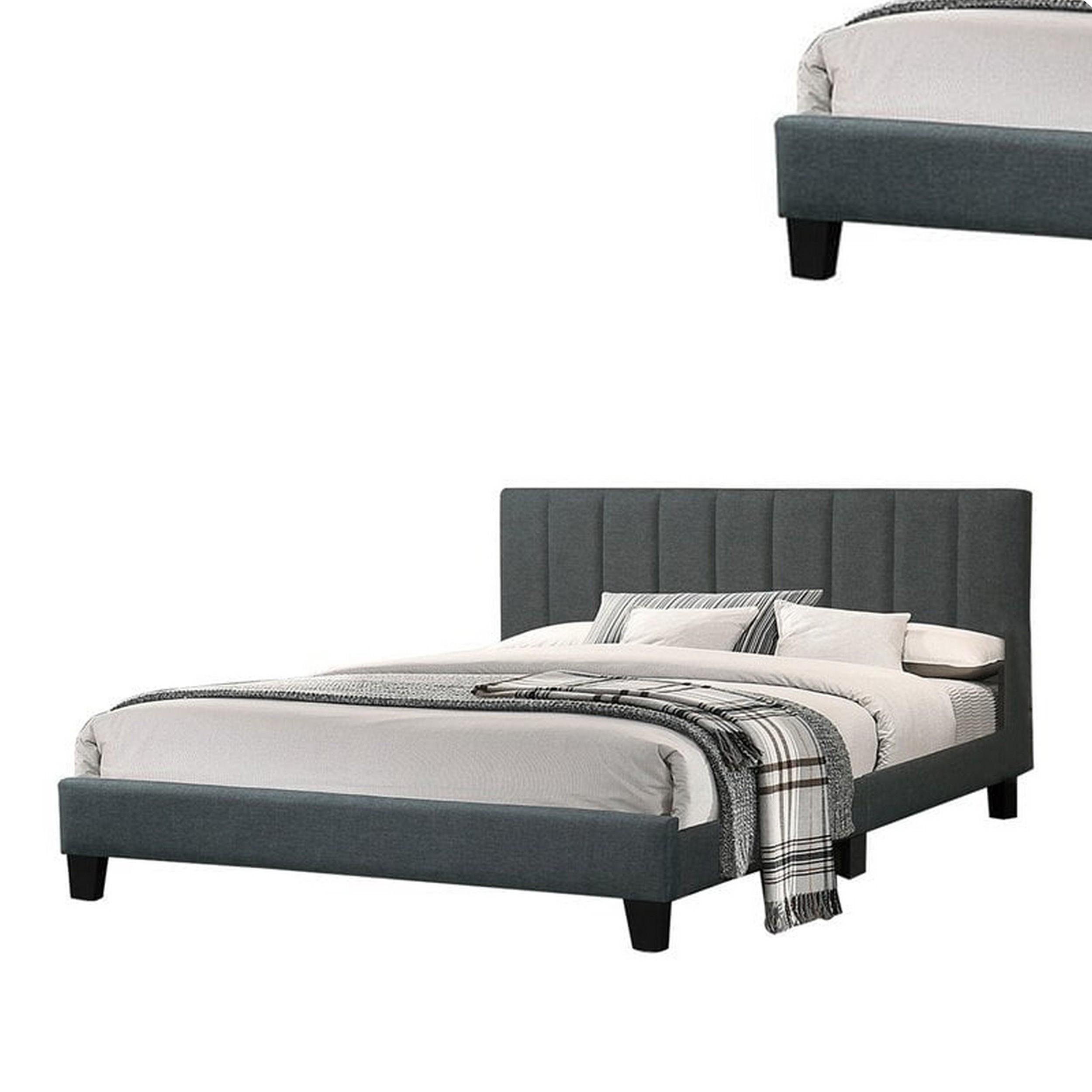 Eve Platform Queen Size Bed, Vertical Channel Tufting, Charcoal Upholstery- Saltoro Sherpi