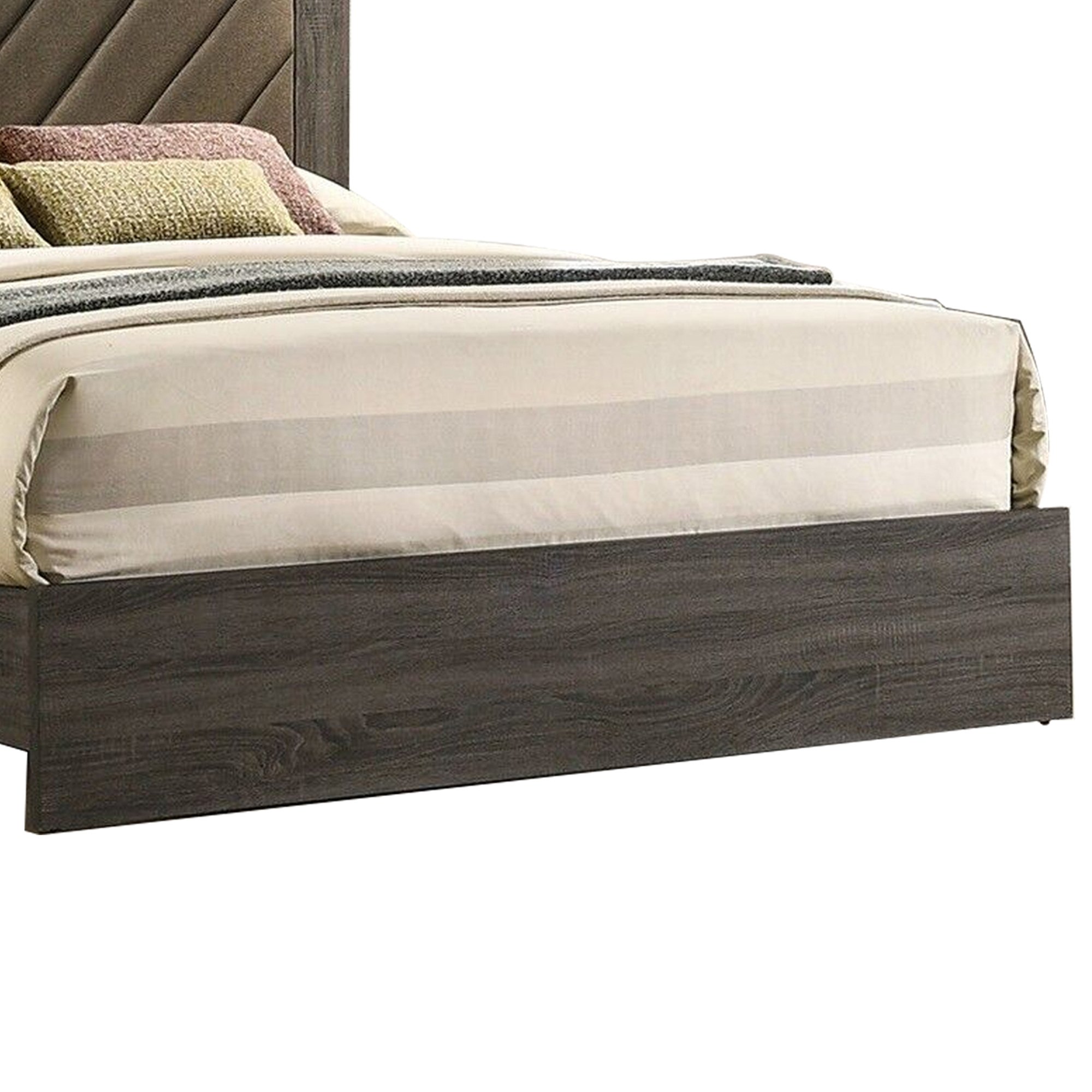 Cato Upholstered Queen Size Bed, Chevron Tufted Brown Headboard, Dark Gray - Saltoro Sherpi