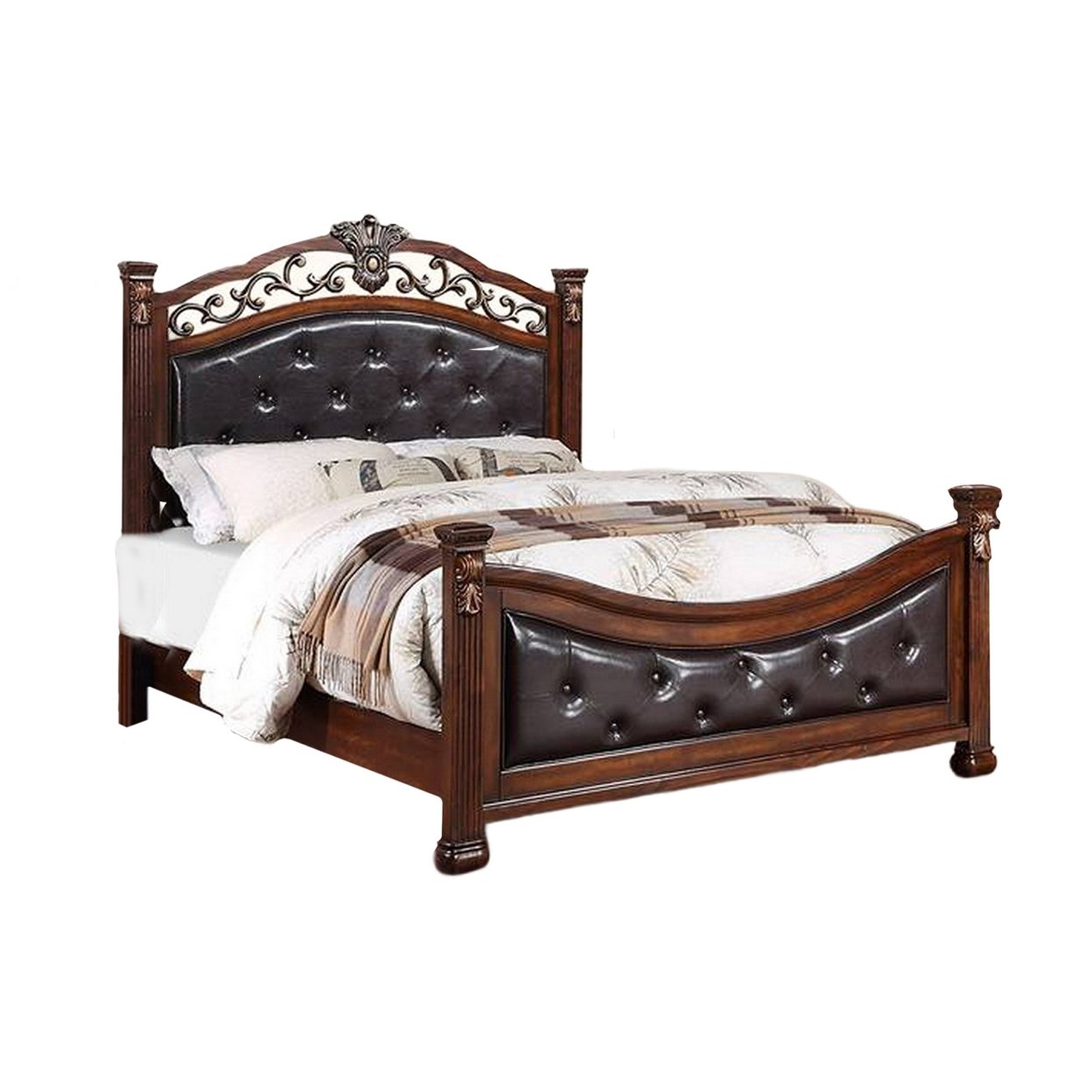 Jax Traditional Queen Size Bed, Tufted Upholstered Headboard, Cherry Brown- Saltoro Sherpi