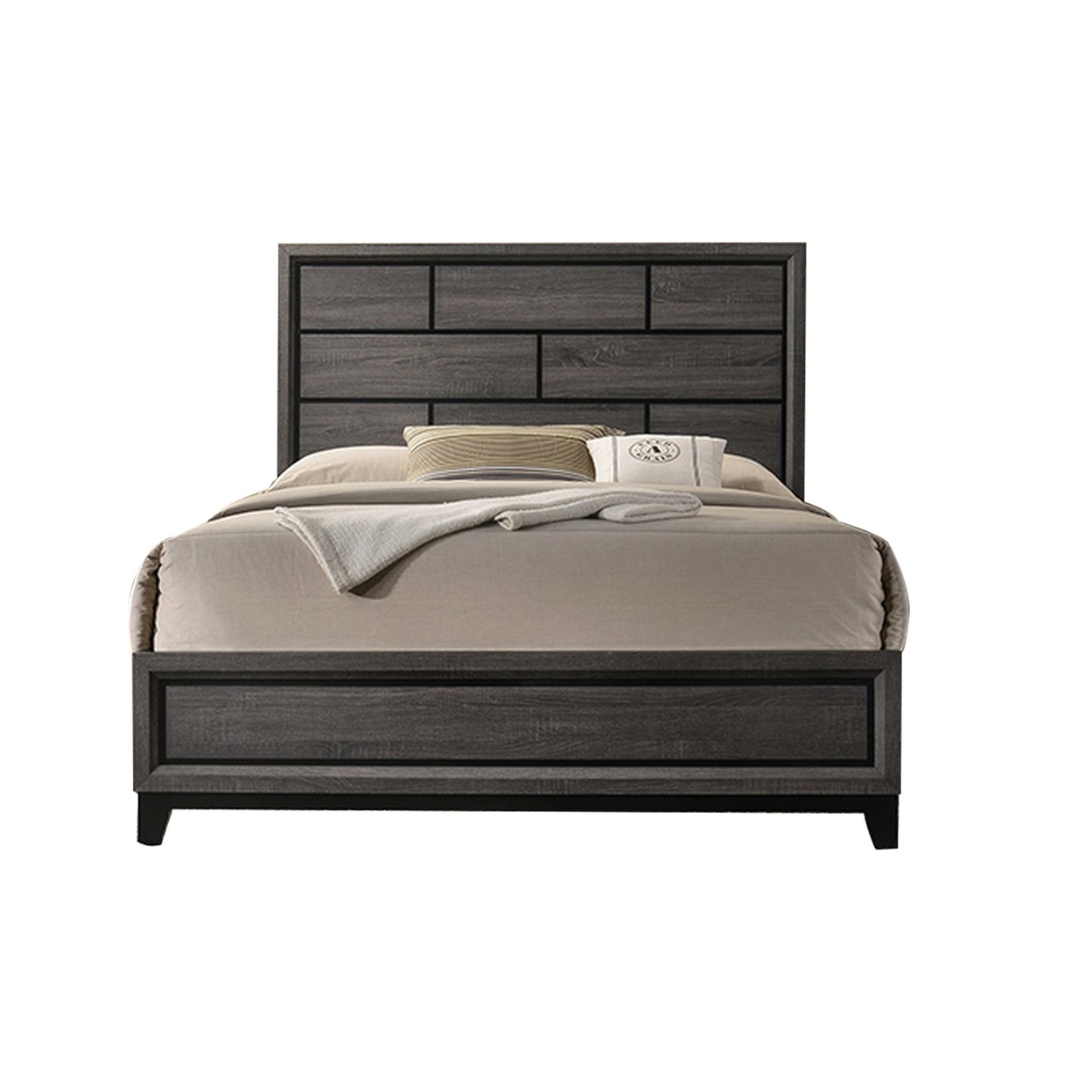 Mazie Queen Bed, Brick Style Headboard, Black Tapered Legs, Oak Gray Wood- Saltoro Sherpi