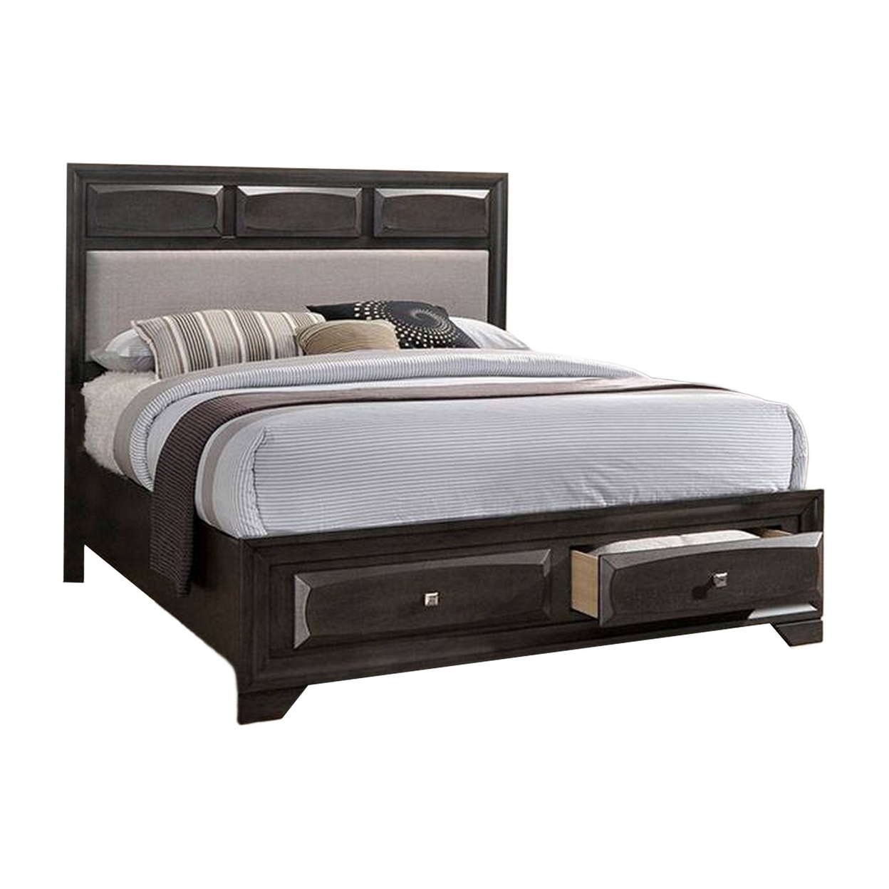 Kevi King Size Bed, Beige Fabric Upholstered Headboard, Storage, Oak Gray- Saltoro Sherpi