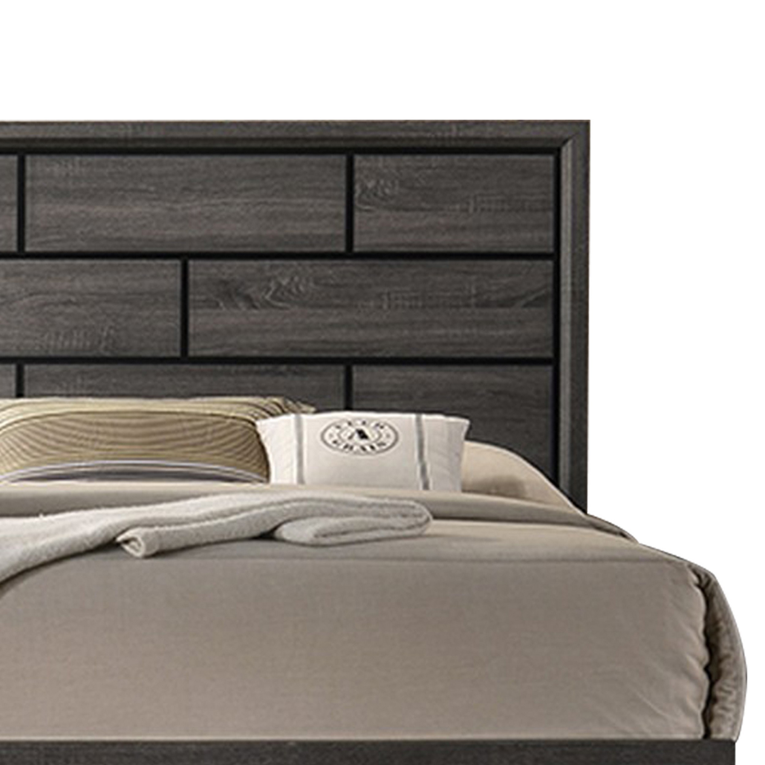 Mazie Queen Bed, Brick Style Headboard, Black Tapered Legs, Oak Gray Wood- Saltoro Sherpi