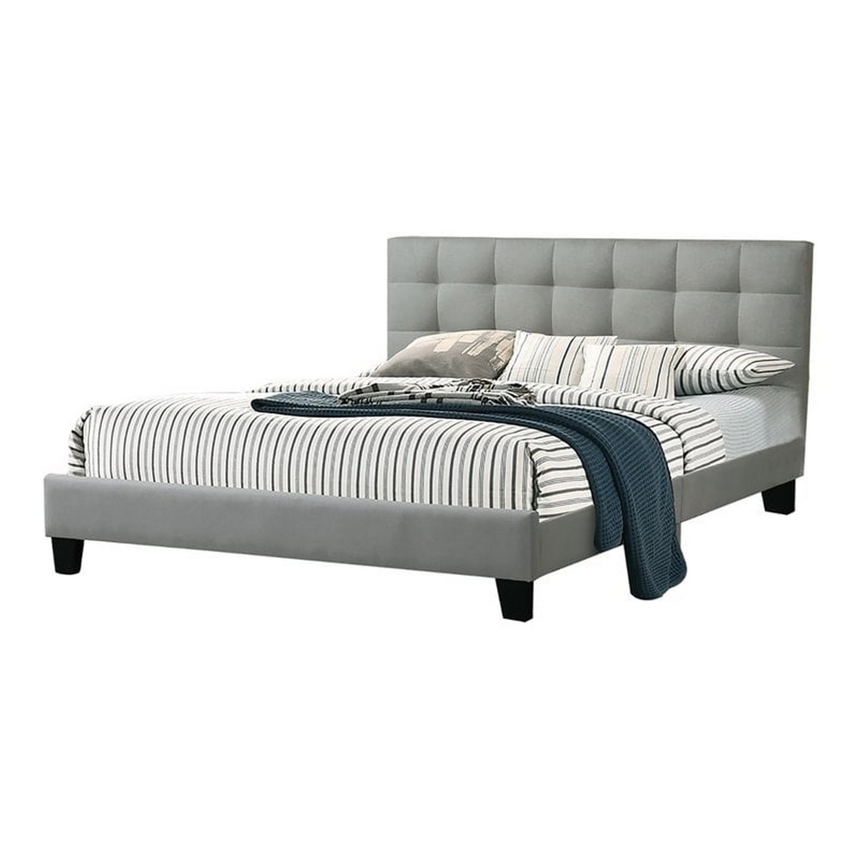 Eve Platform King Size Bed, Vertical Channel Tufted Light Gray Upholstery- Saltoro Sherpi
