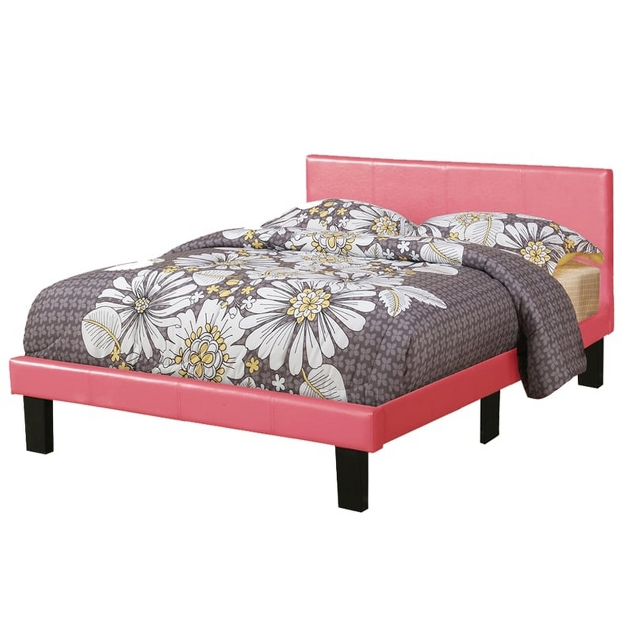 Modern Twin Size Bed, Upholstered Headboard, Metal Legs, Pink Faux Leather- Saltoro Sherpi